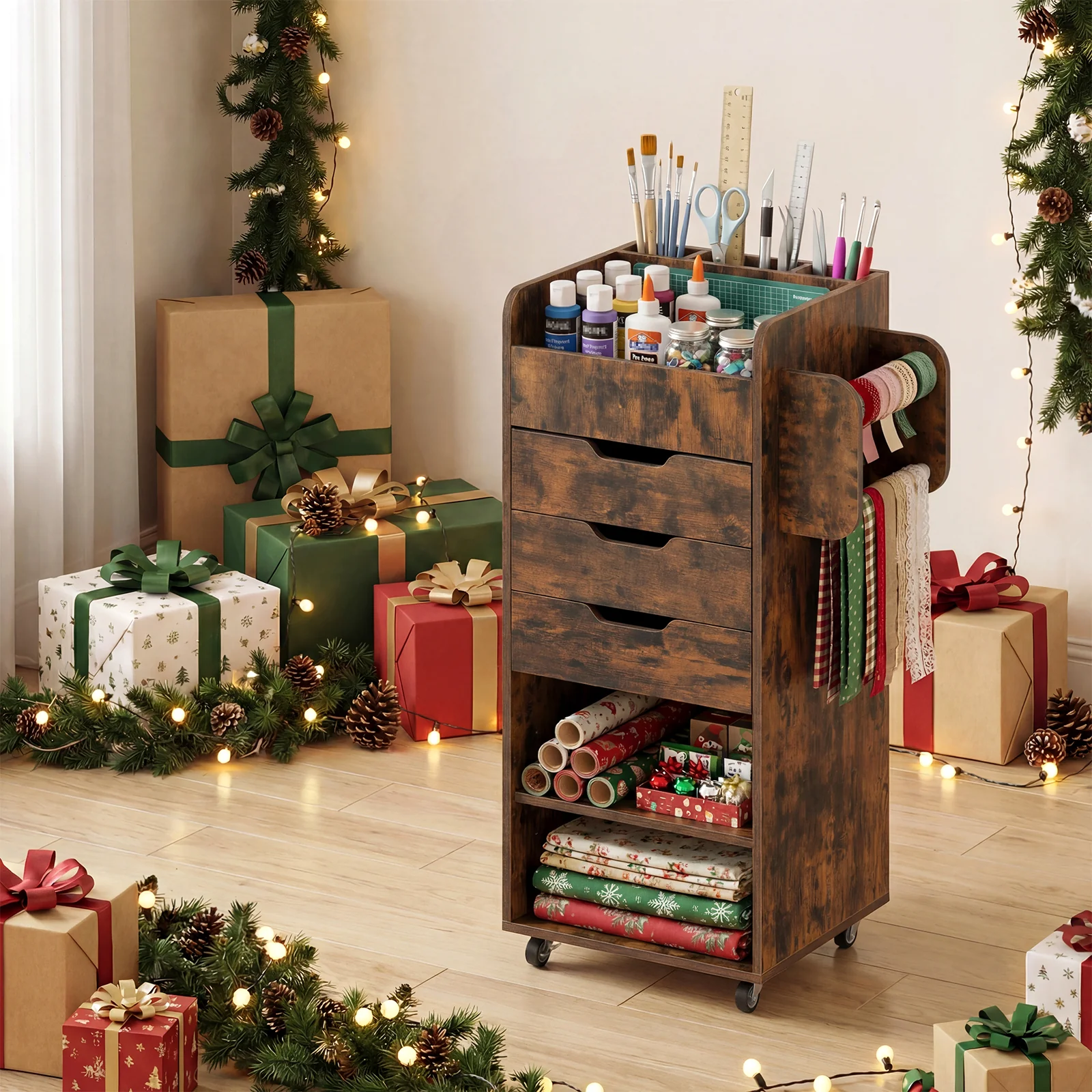 Utility Trolley With 3 Drawers, Rustic Brown - Image 3