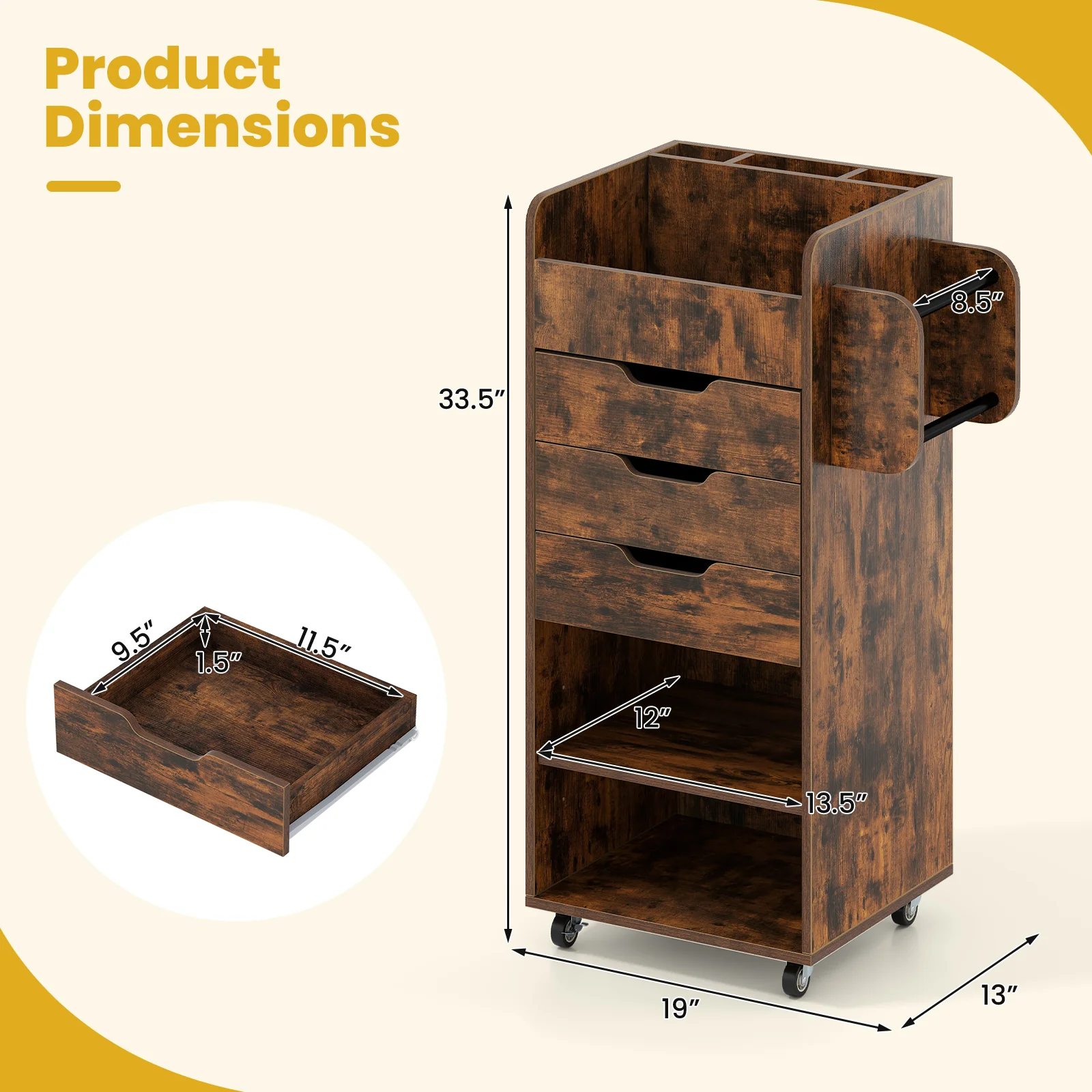 Utility Trolley With 3 Drawers, Rustic Brown - Image 5