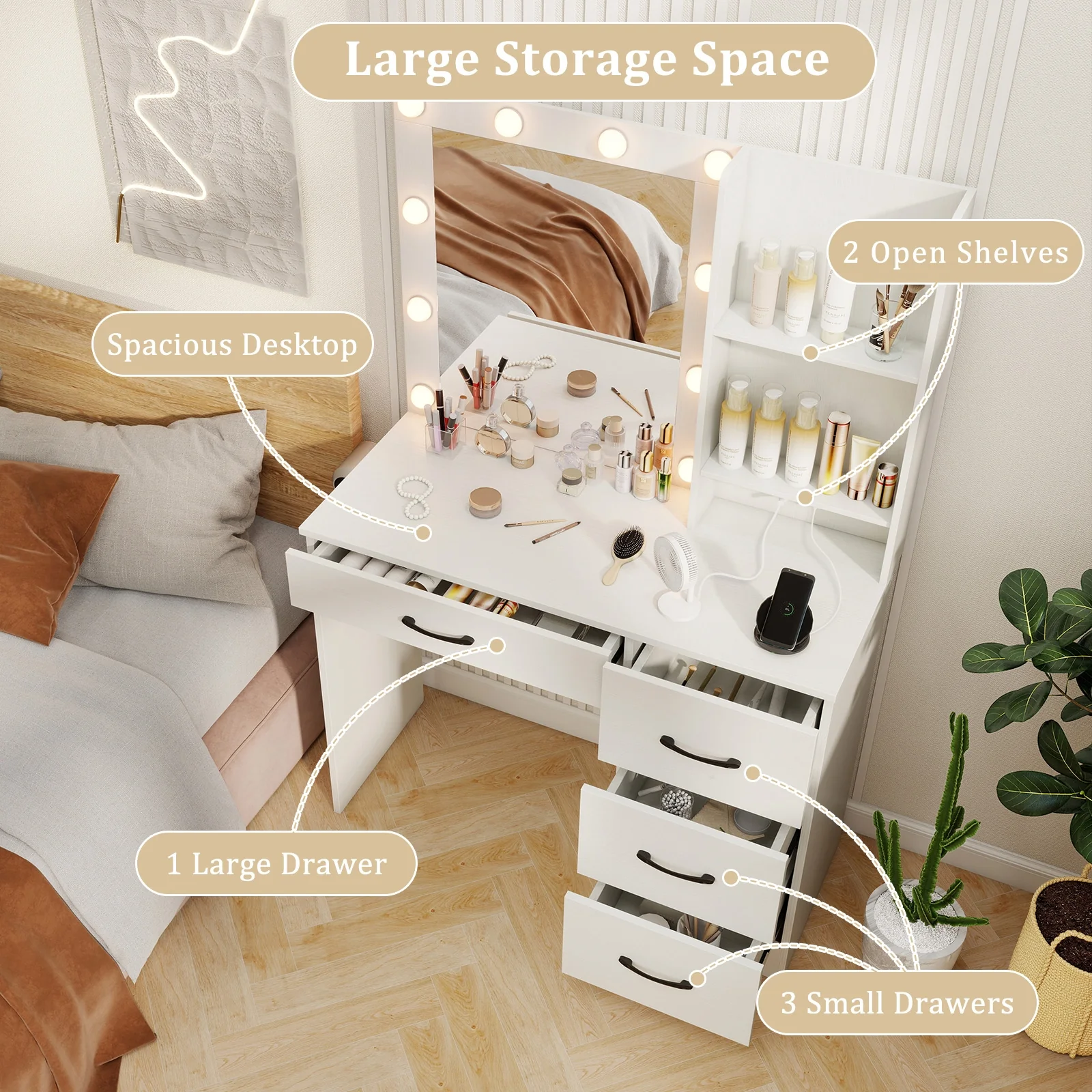 Vanity Desk With 3-Color Lights, Power Outlets, White - Image 10