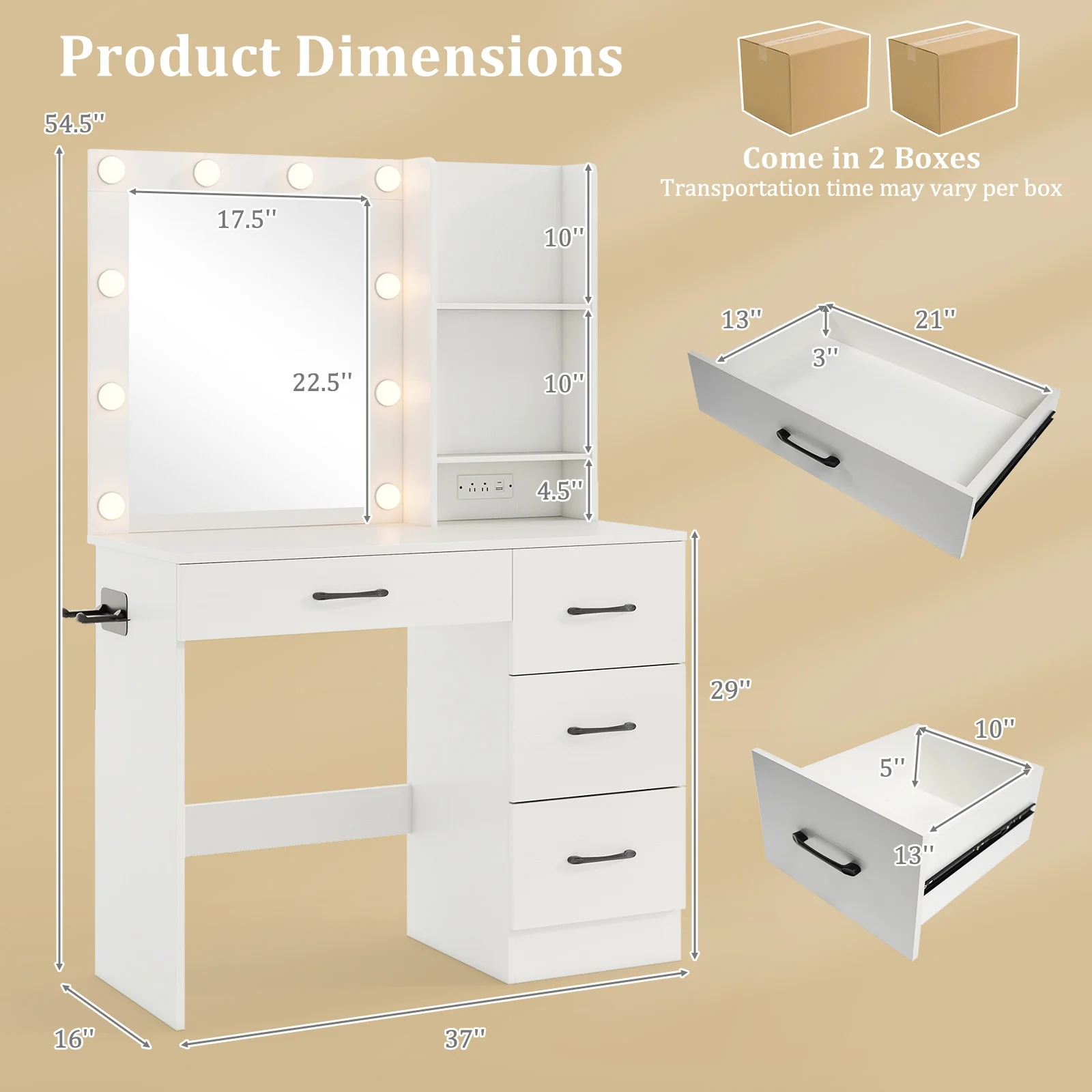 Vanity Desk With 3-Color Lights, Power Outlets, White - Image 5