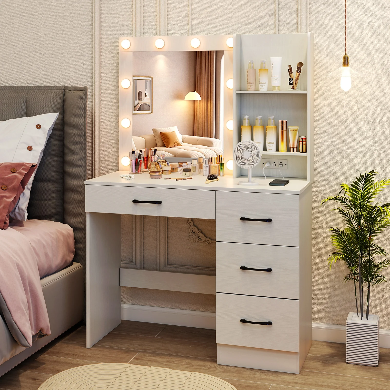Vanity Desk With 3-Color Lights, Power Outlets, White - Image 6