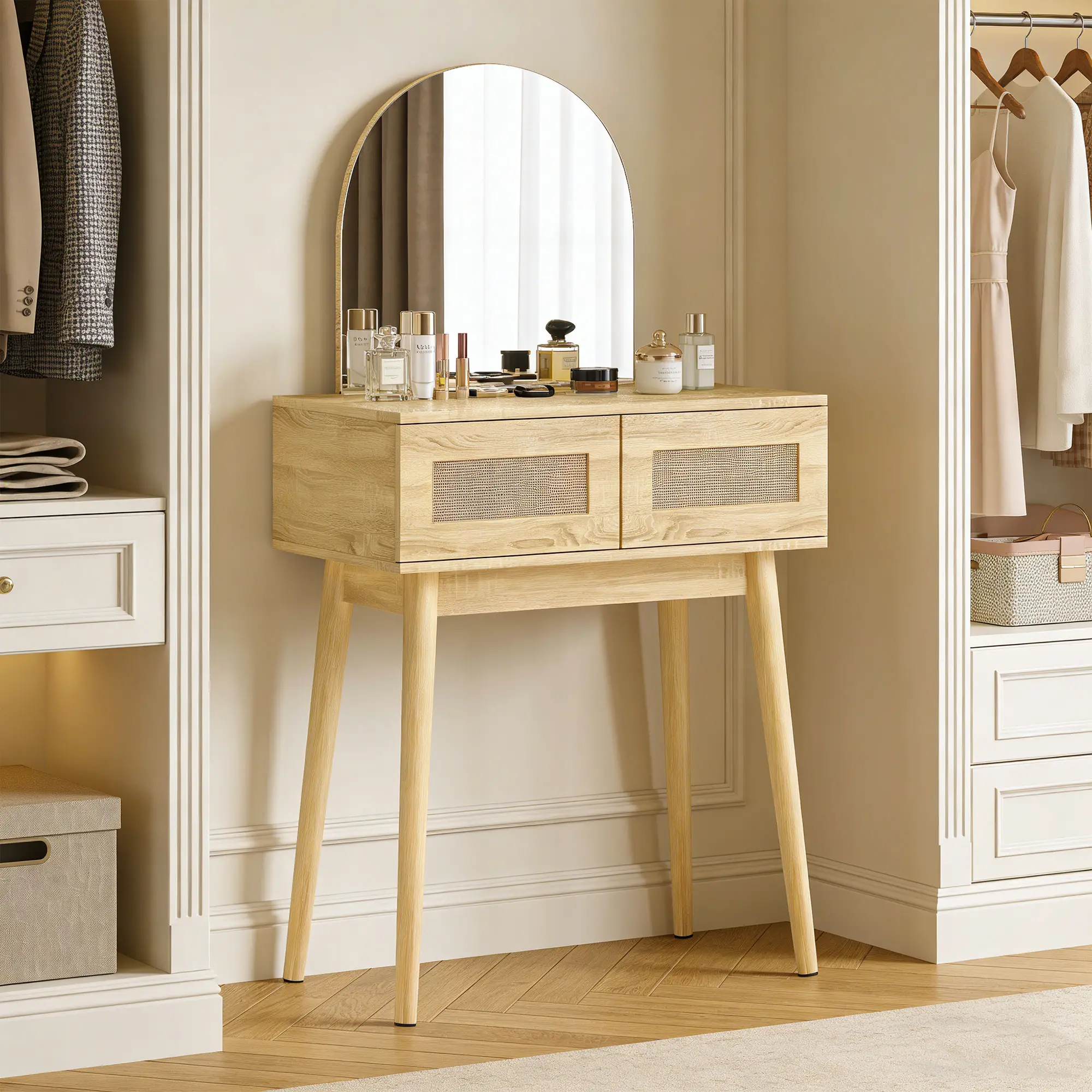 Vanity Desk With Mirror, 2 Drawers, Natural Wood - Image 2