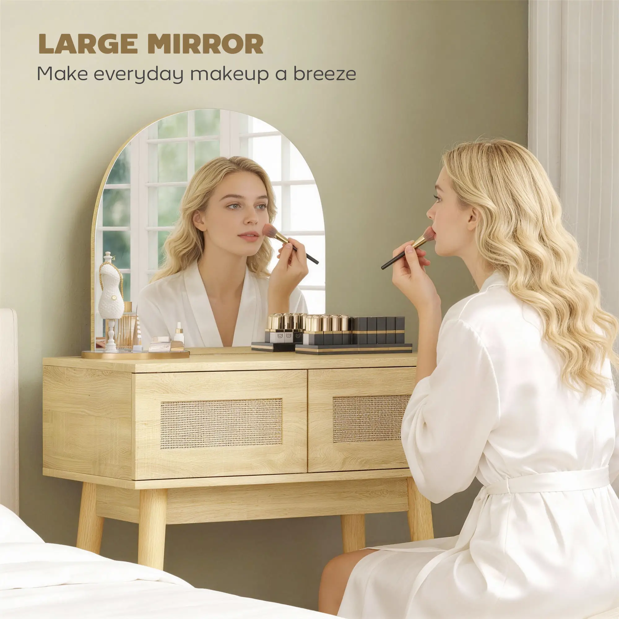 Vanity Desk With Mirror, 2 Drawers, Natural Wood - Image 4