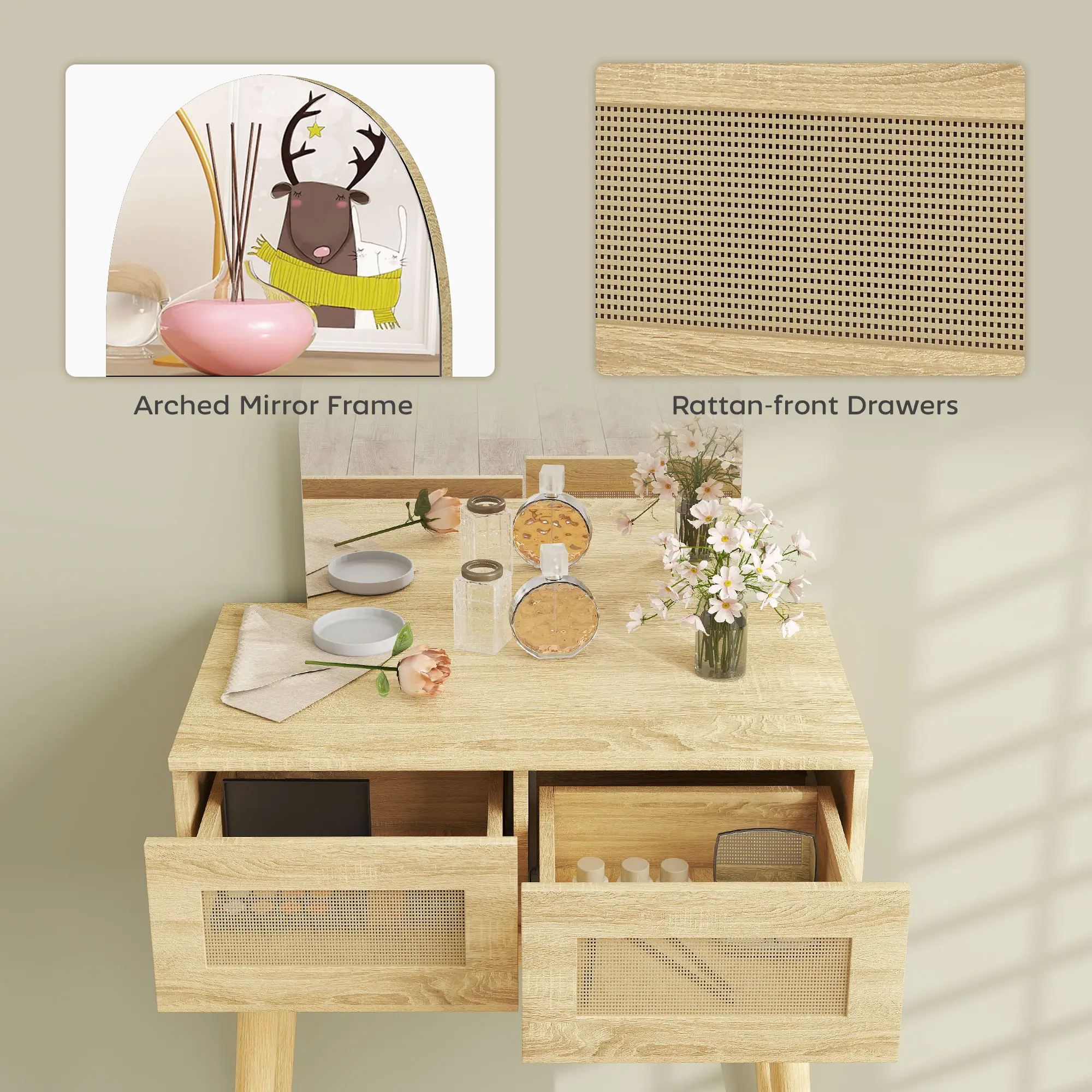 Vanity Desk With Mirror, 2 Drawers, Natural Wood - Image 7