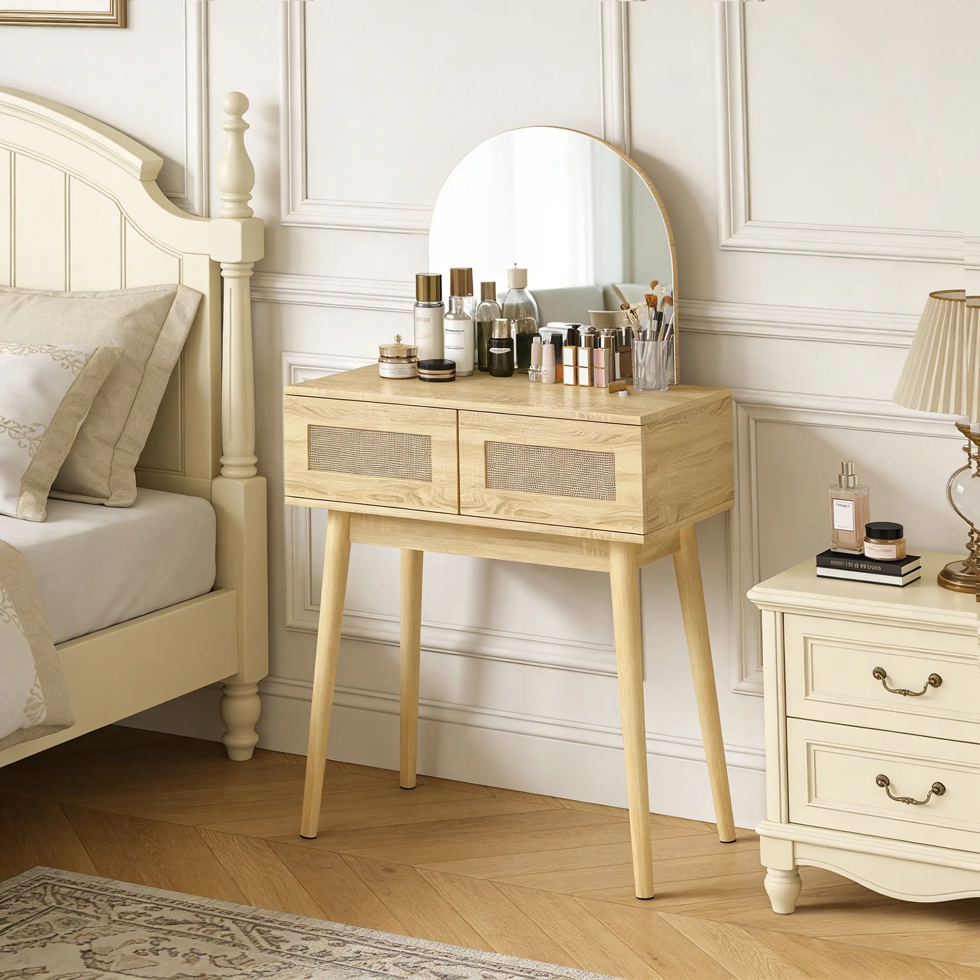Vanity Desk With Mirror, 2 Drawers, Natural Wood - Image 8