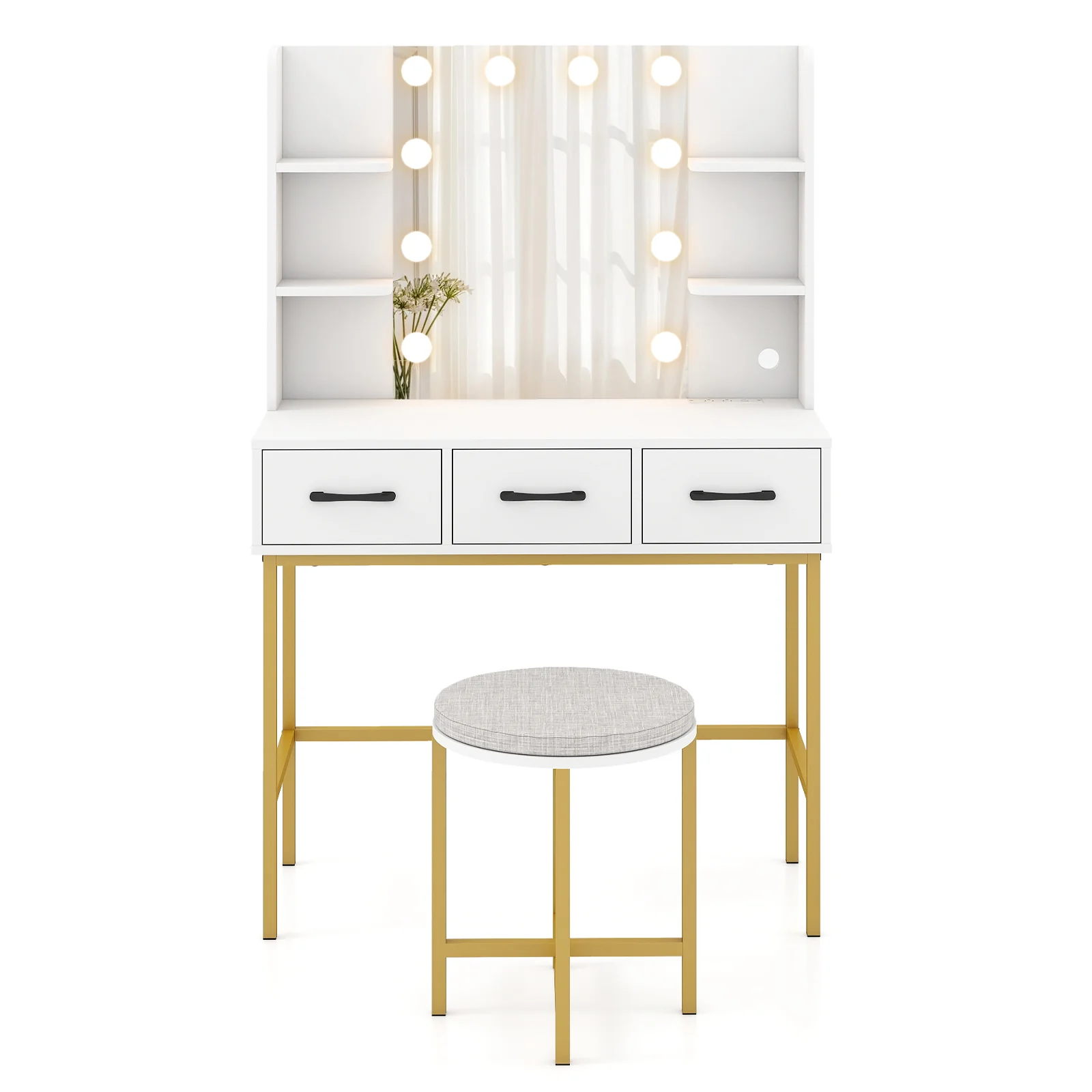 Vanity Desk with Mirror and Lights Makeup Dressing Table and Cushioned Stool Set, White - Image 10