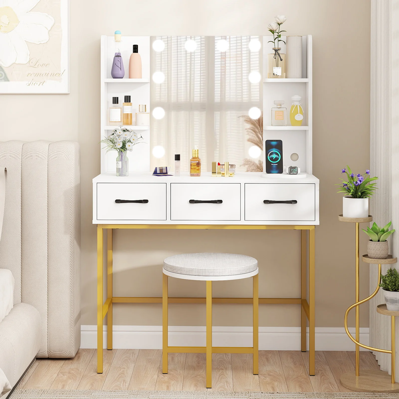 Vanity Desk with Mirror and Lights Makeup Dressing Table and Cushioned Stool Set, White - Image 2