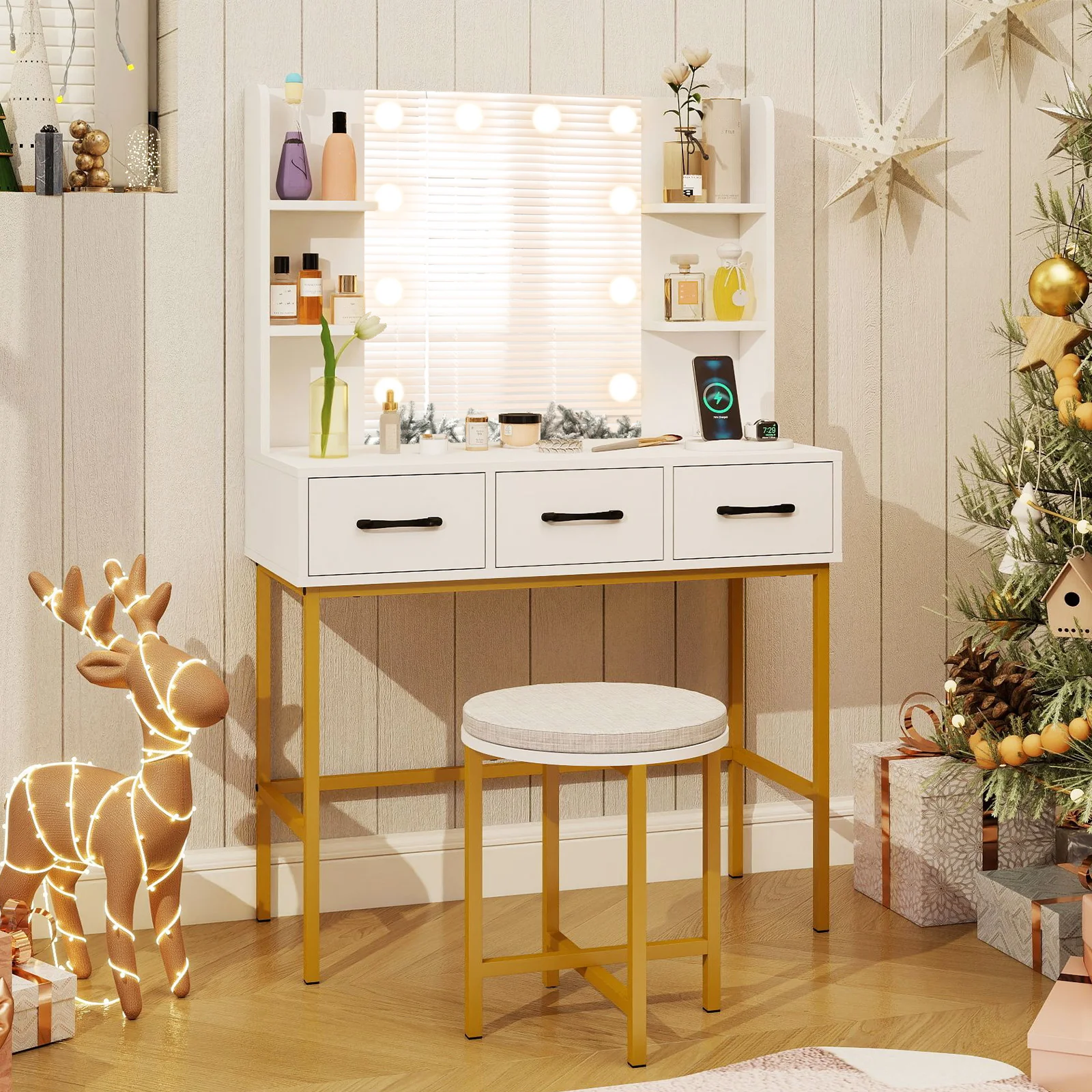 Vanity Desk with Mirror and Lights Makeup Dressing Table and Cushioned Stool Set, White - Image 3