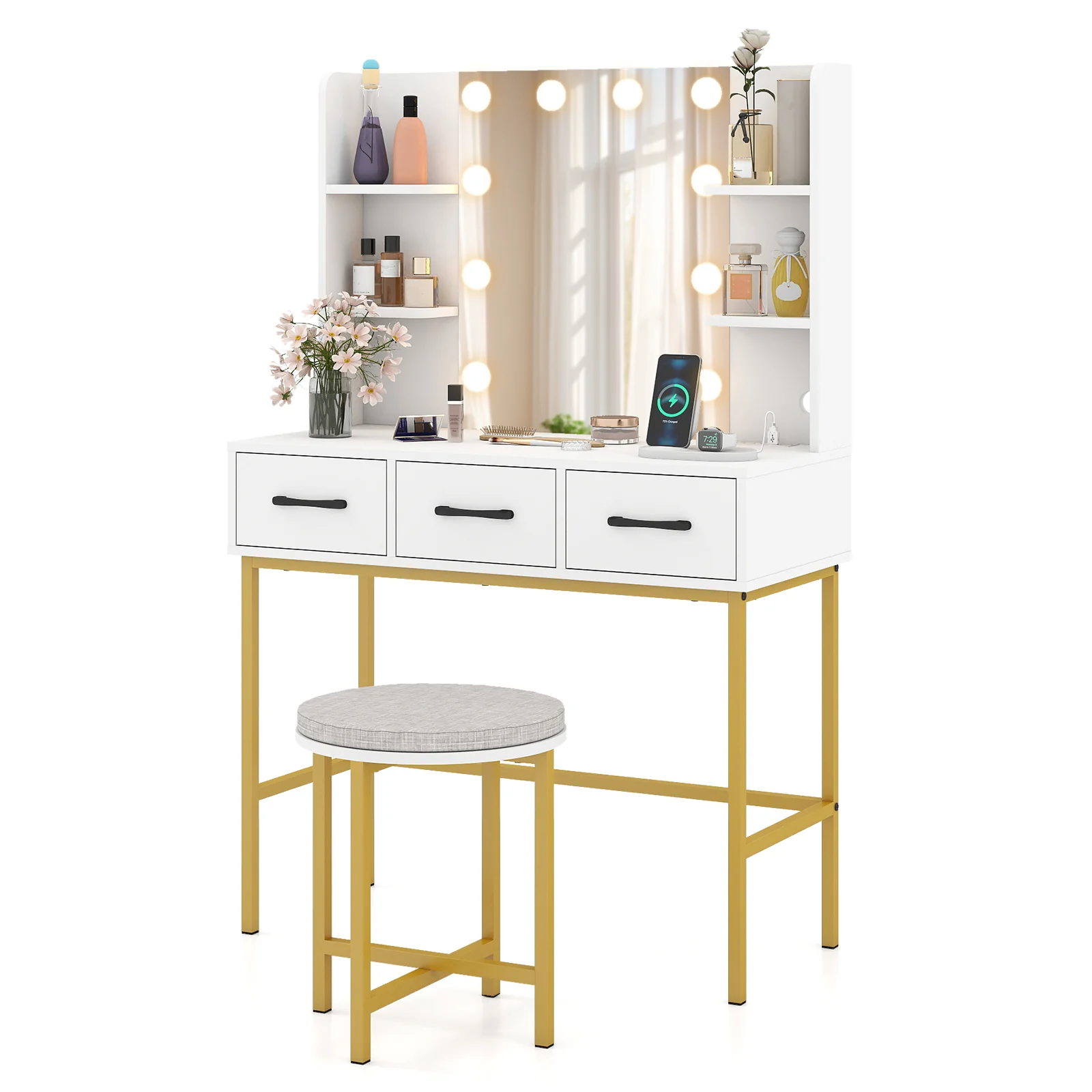 Vanity Desk with Mirror and Lights Makeup Dressing Table and Cushioned Stool Set, White - Image 4