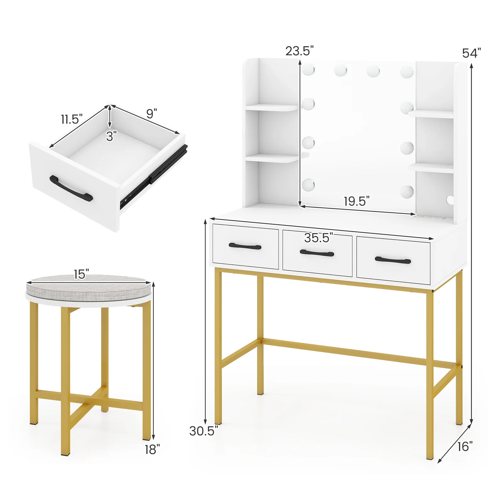 Vanity Desk with Mirror and Lights Makeup Dressing Table and Cushioned Stool Set, White - Image 5