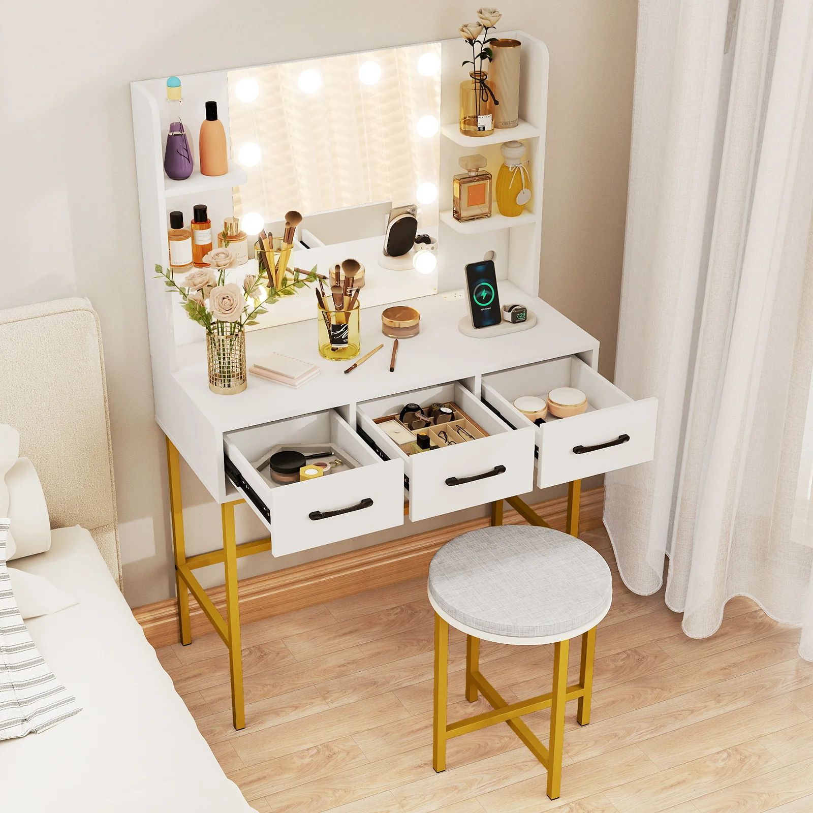 Vanity Desk with Mirror and Lights Makeup Dressing Table and Cushioned Stool Set, White - Image 6