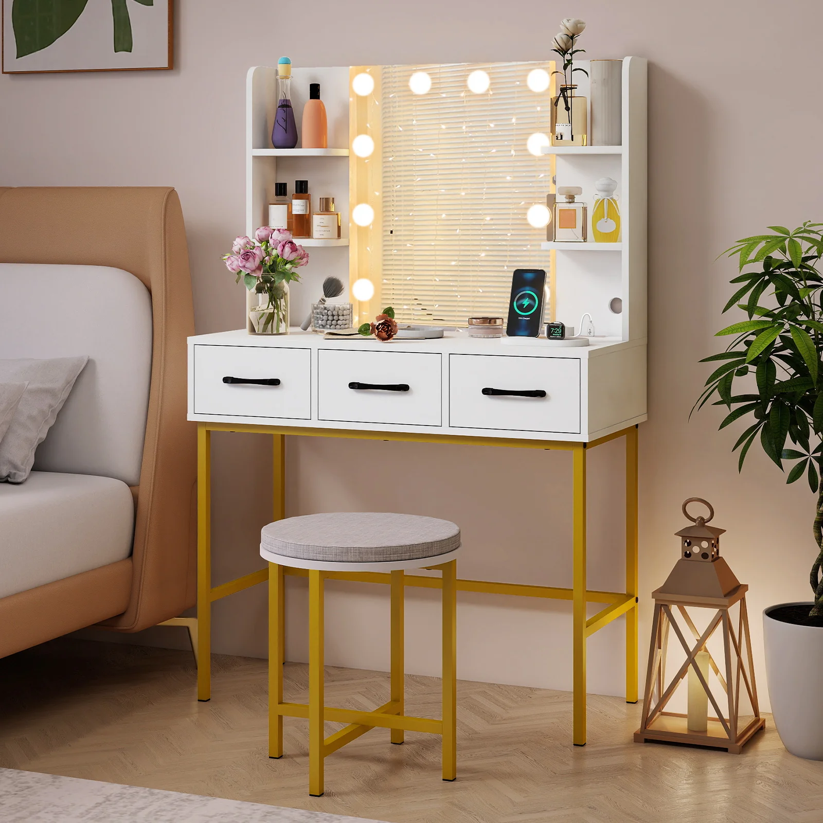 Vanity Desk with Mirror and Lights Makeup Dressing Table and Cushioned Stool Set, White - Image 7