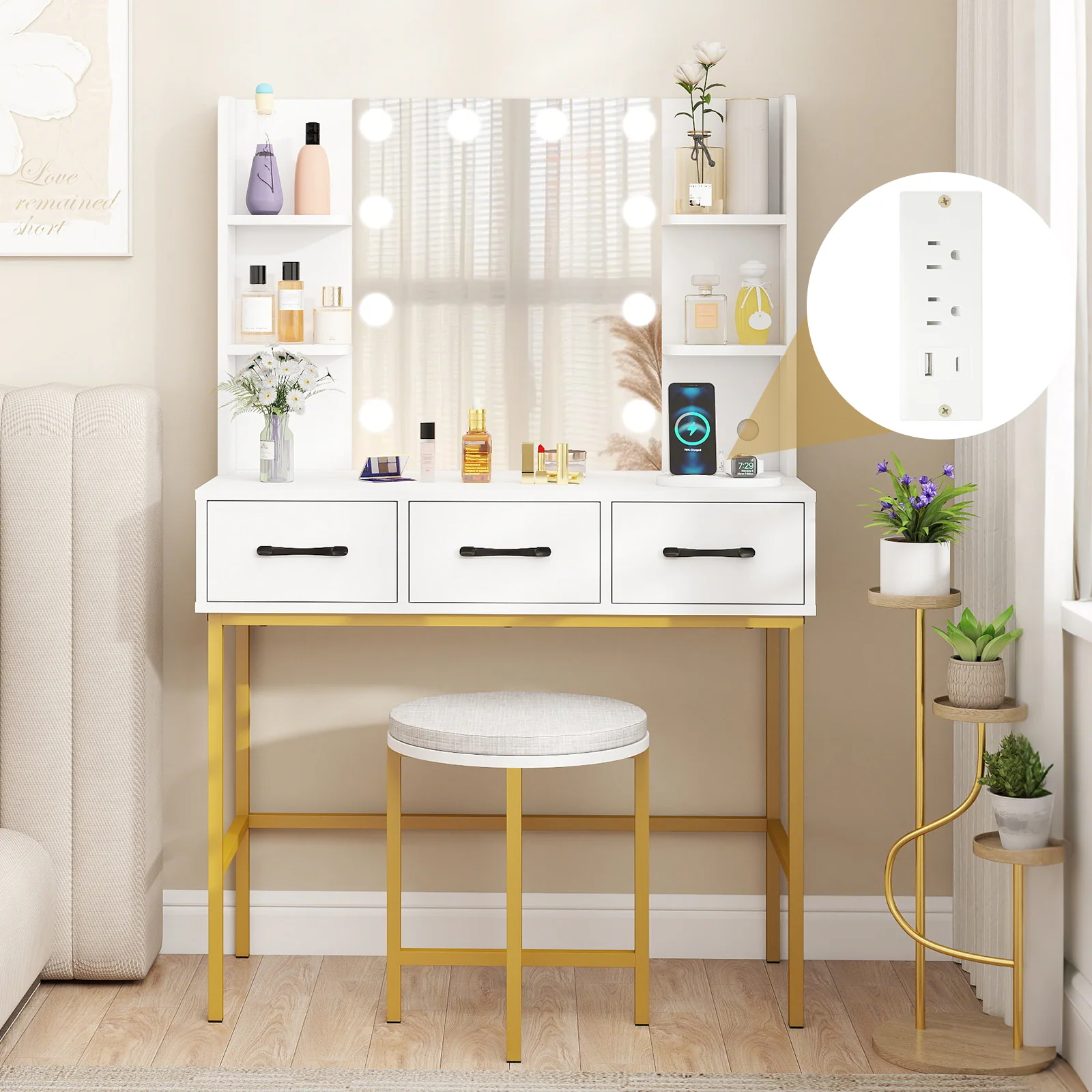 Vanity Desk with Mirror and Lights Makeup Dressing Table and Cushioned Stool Set, White - Image 8