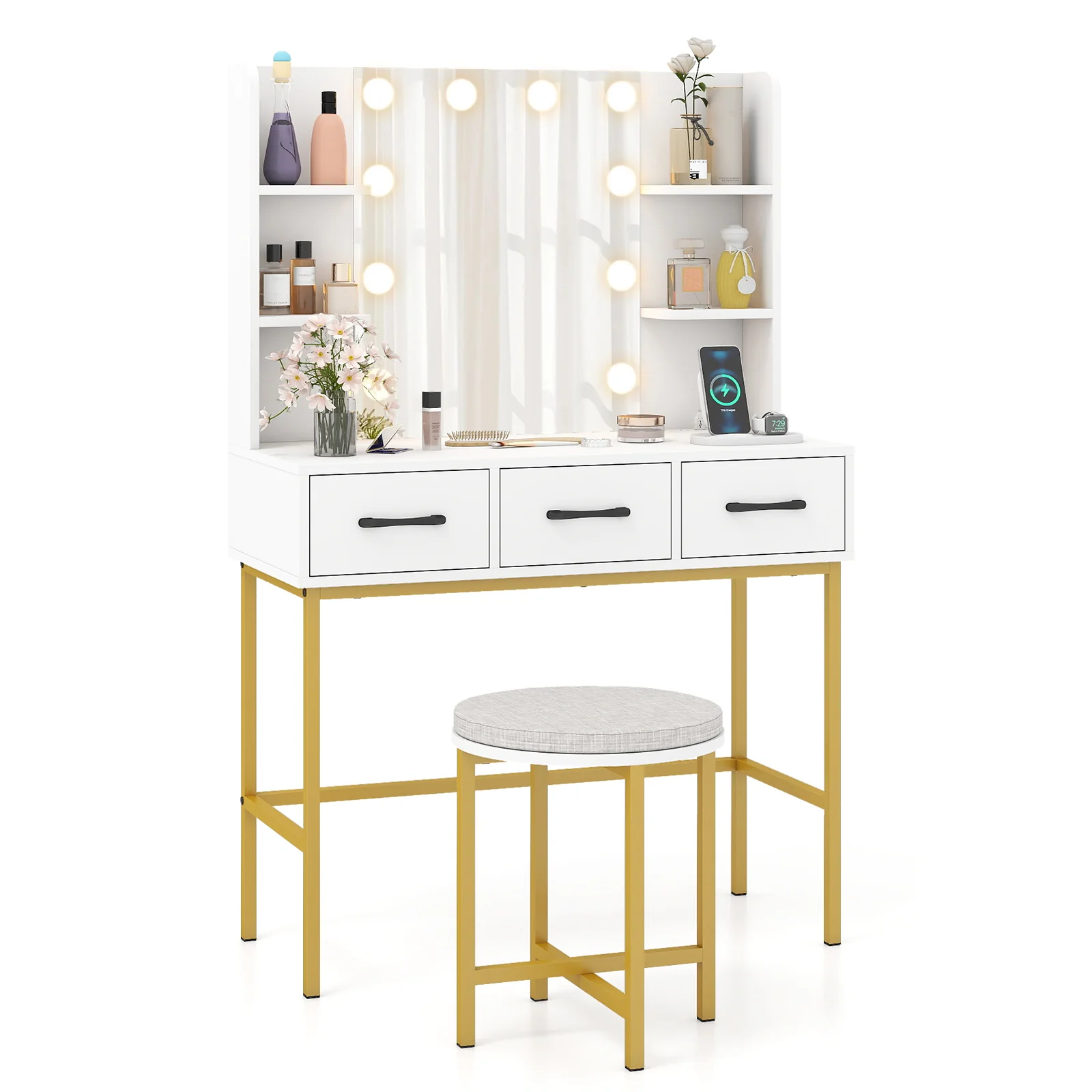 Vanity Desk with Mirror and Lights Makeup Dressing Table and Cushioned Stool Set, White - Image 9