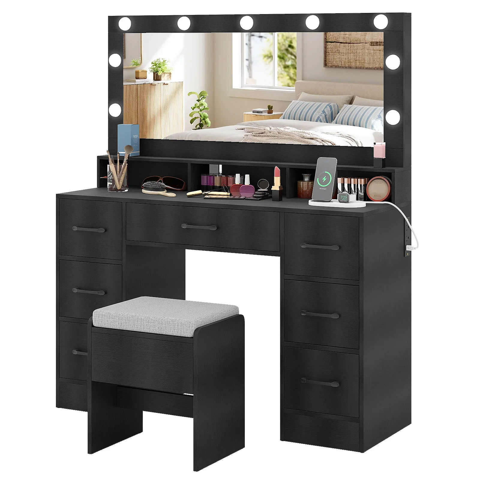 Vanity Desk with Mirror and Lights Makeup Table with Power Outlets, Black