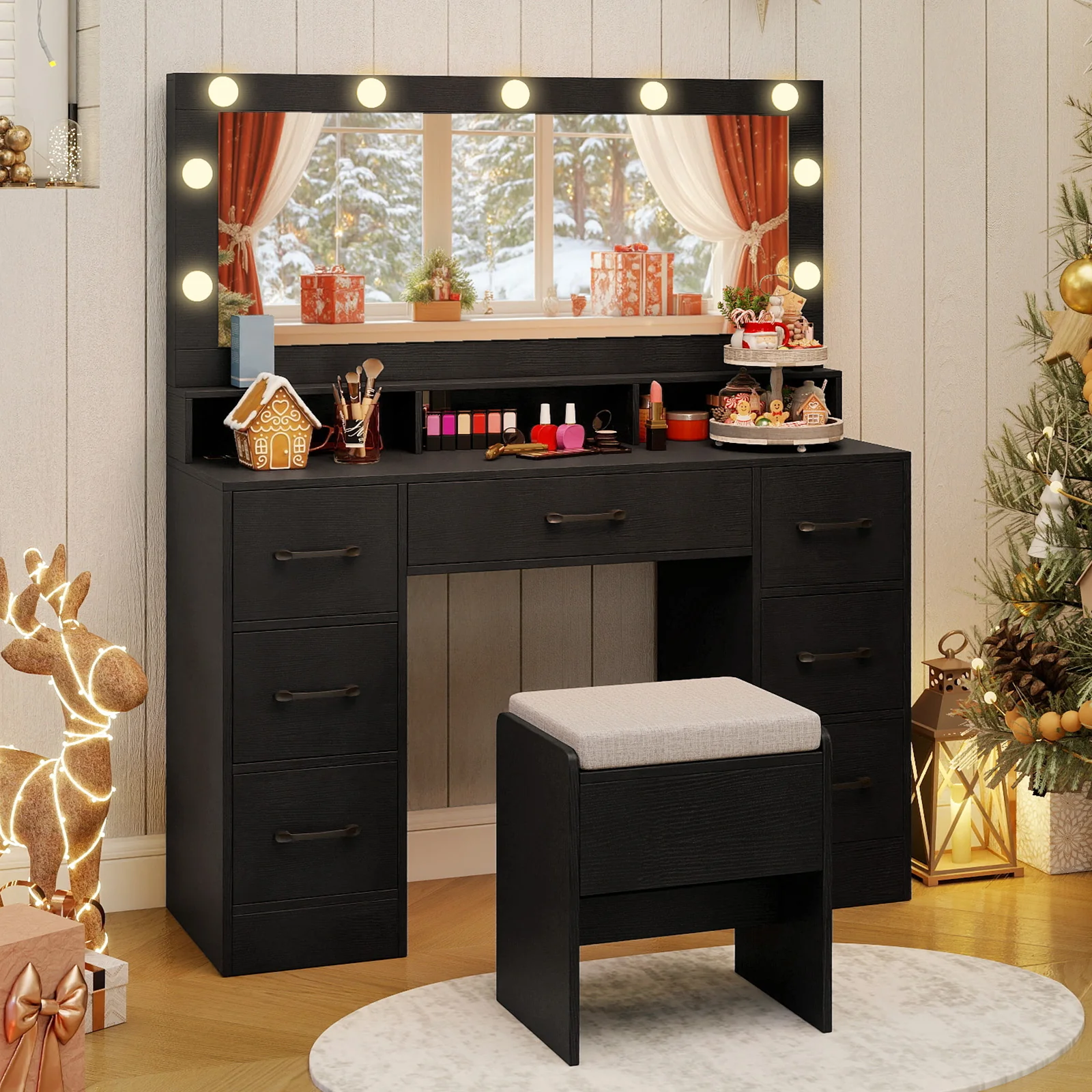 Vanity Desk with Mirror and Lights Makeup Table with Power Outlets, Black - Image 3