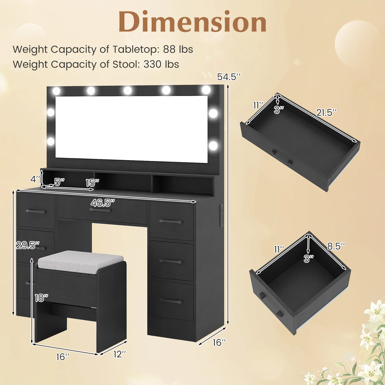 Vanity Desk with Mirror and Lights Makeup Table with Power Outlets, Black - Image 5