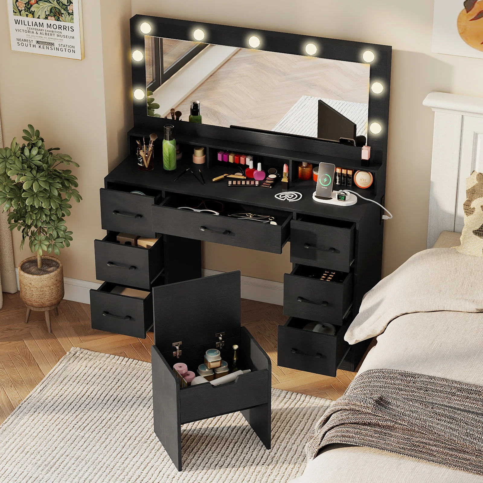 Vanity Desk with Mirror and Lights Makeup Table with Power Outlets, Black - Image 6