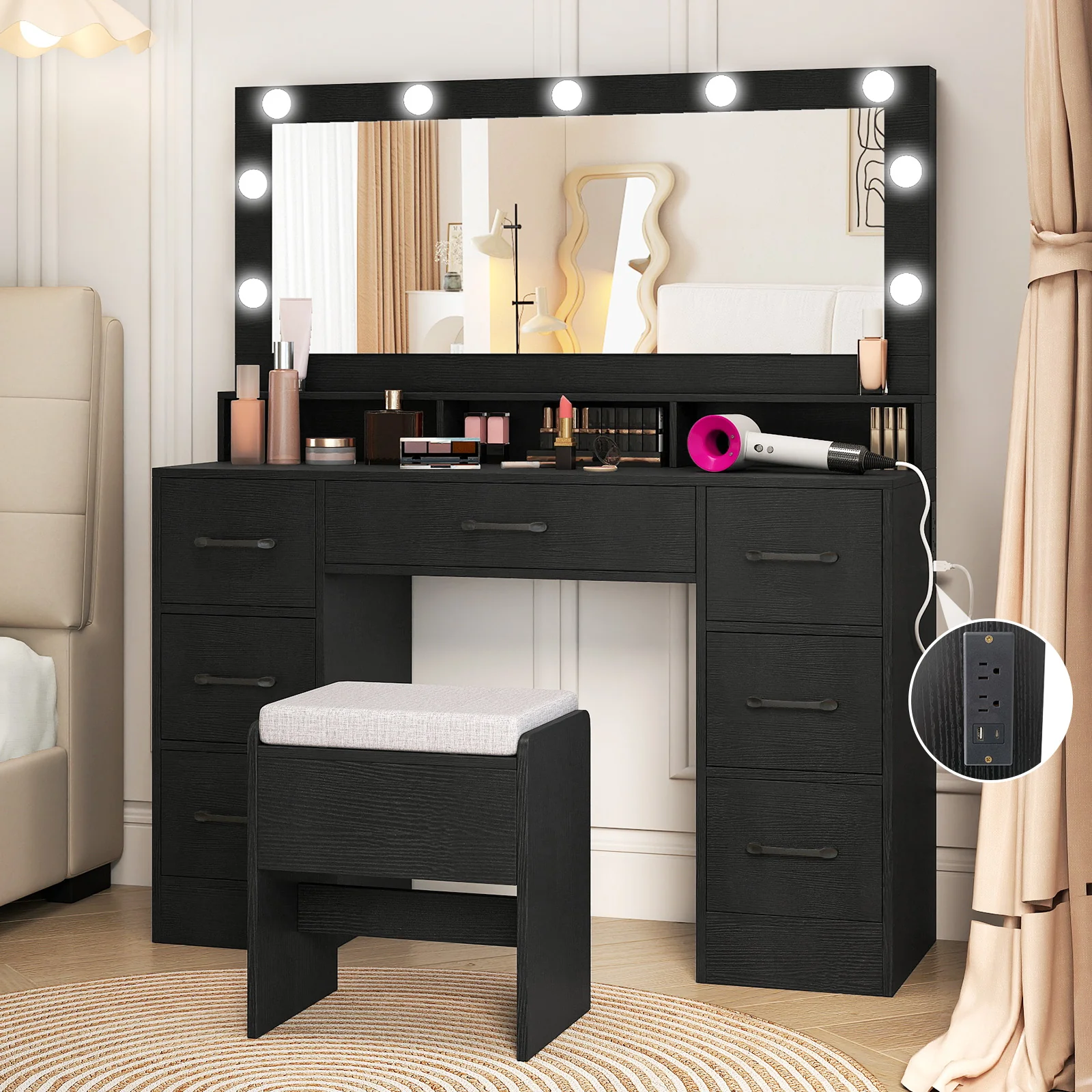 Vanity Desk with Mirror and Lights Makeup Table with Power Outlets, Black - Image 7