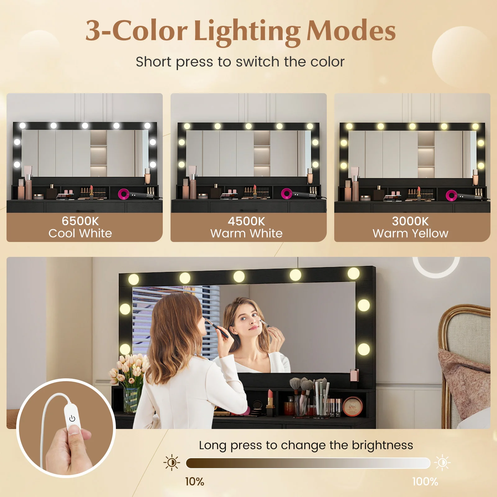 Vanity Desk with Mirror and Lights Makeup Table with Power Outlets, Black - Image 8