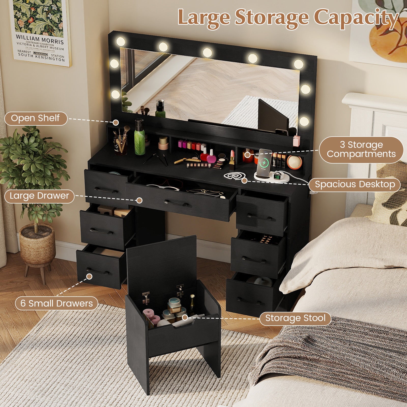 Vanity Desk with Mirror and Lights Makeup Table with Power Outlets, Black - Image 9