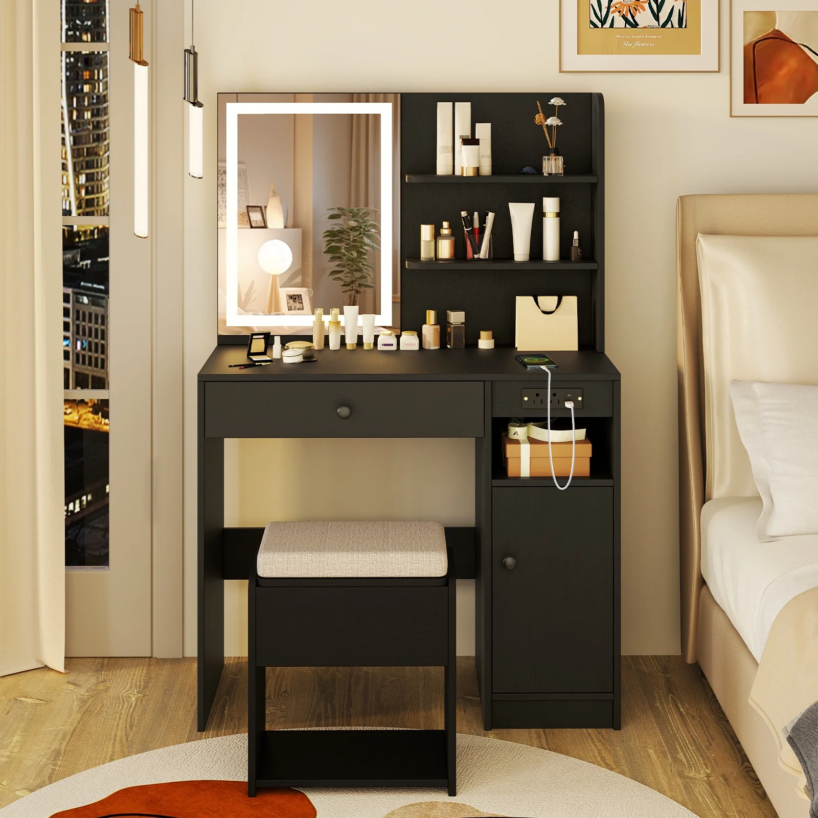 Vanity Desk With Mirror, Lights, Black - Image 3