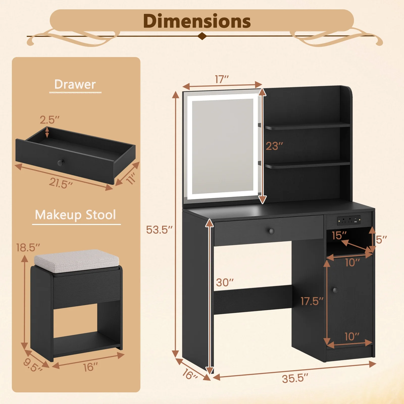 Vanity Desk With Mirror, Lights, Black - Image 5