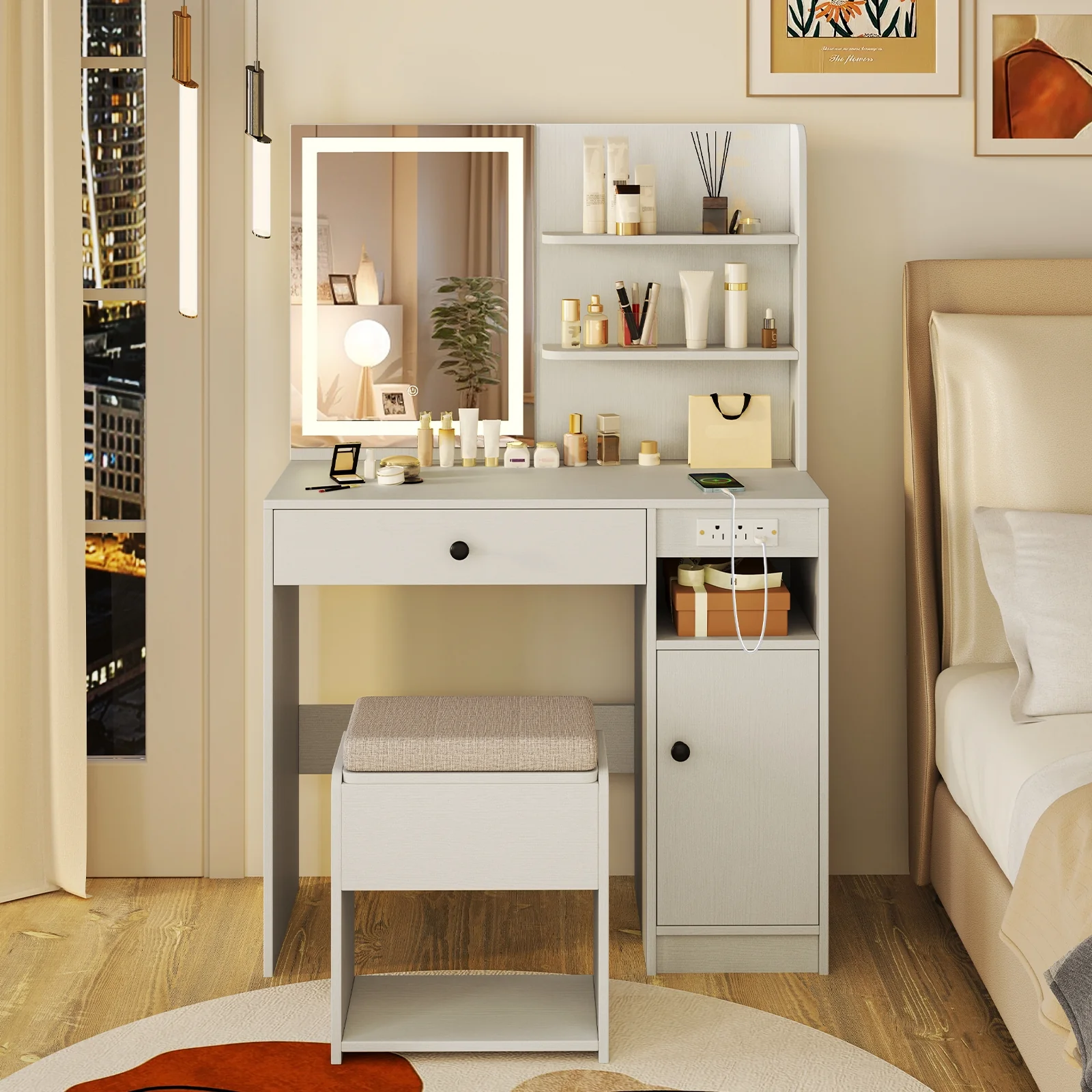 Vanity Desk With Mirror, Lights, White - Image 3