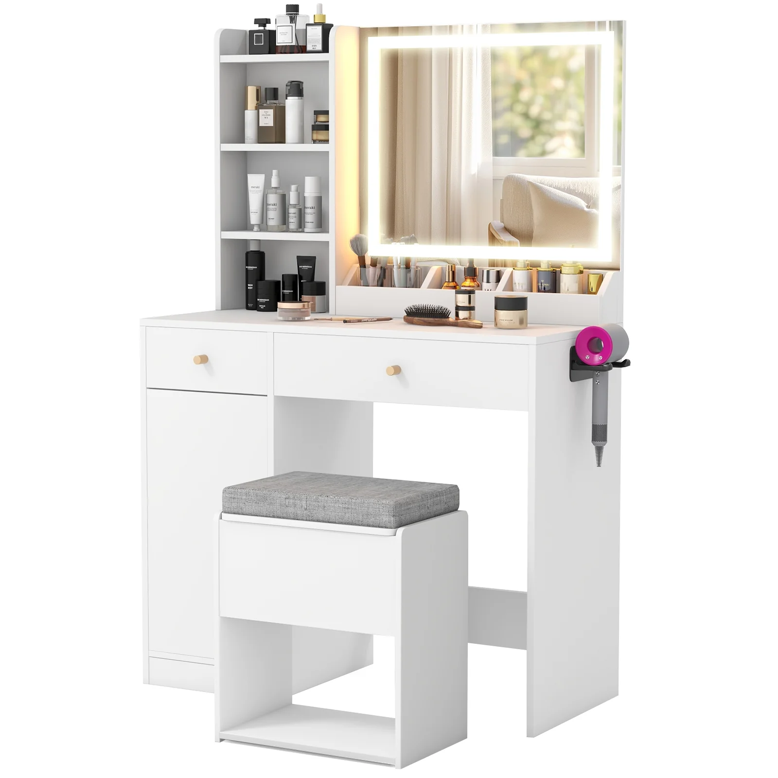 Vanity Dressing Table And Chair Set With Mirror And Lights, White