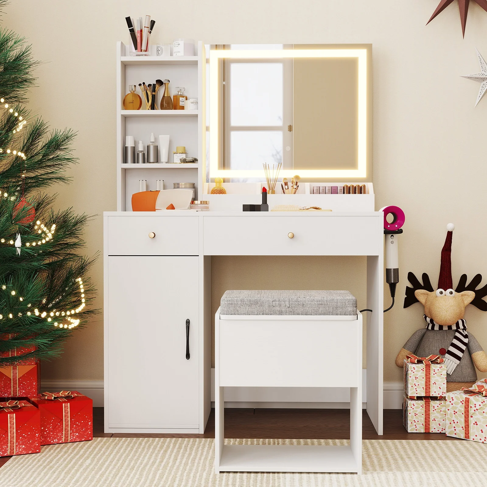 Vanity Dressing Table And Chair Set With Mirror And Lights, White - Image 2