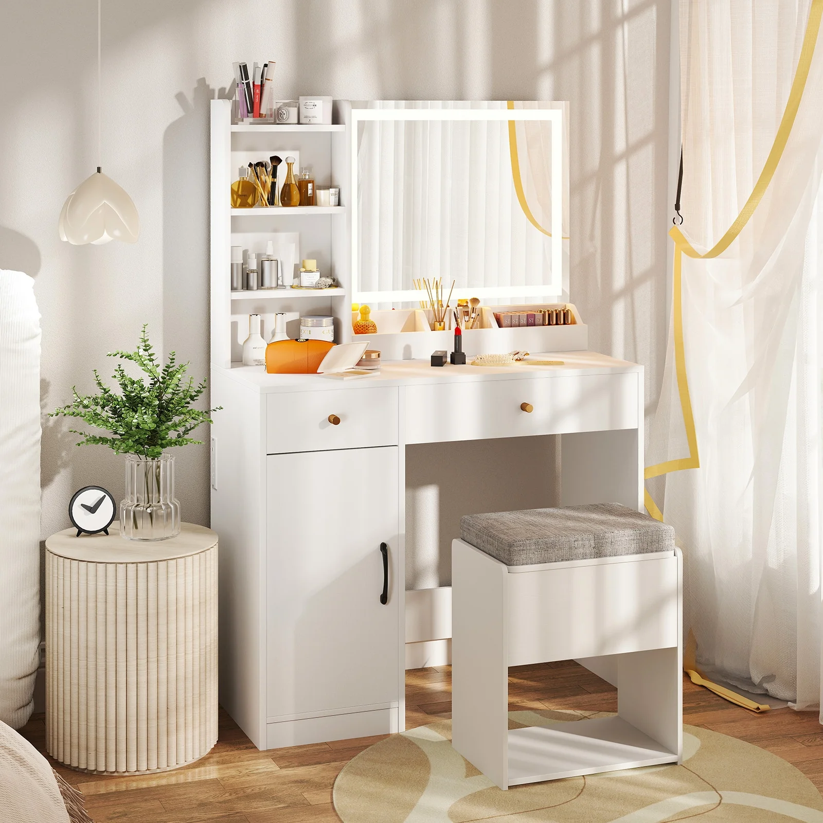 Vanity Dressing Table And Chair Set With Mirror And Lights, White - Image 3