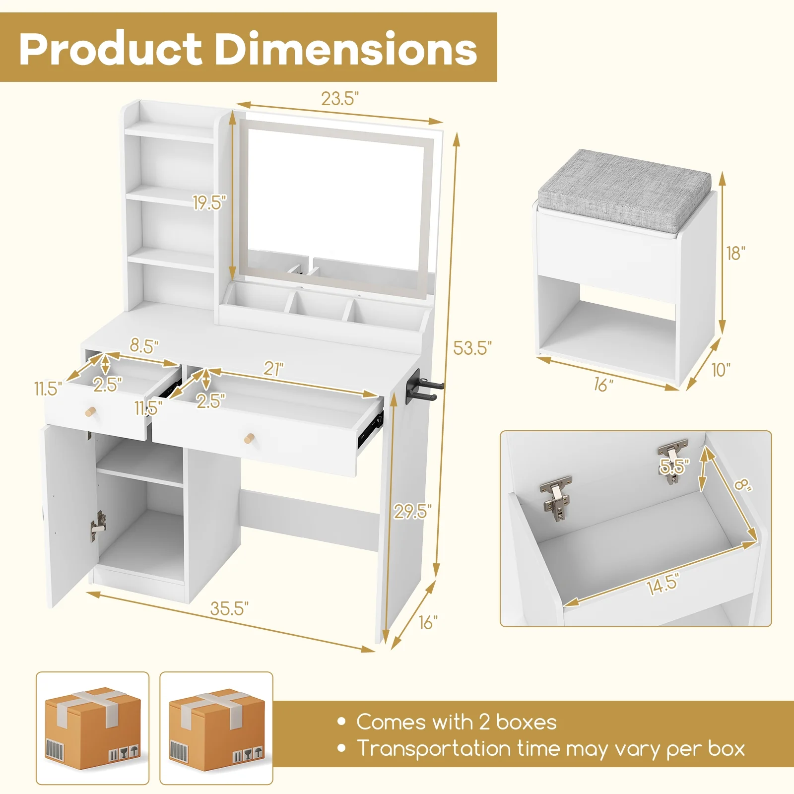 Vanity Dressing Table And Chair Set With Mirror And Lights, White - Image 5