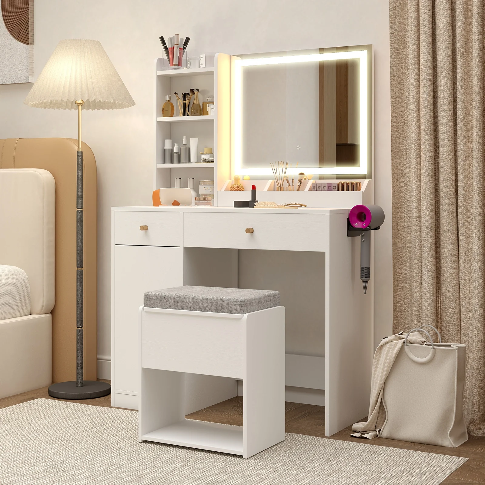Vanity Dressing Table And Chair Set With Mirror And Lights, White - Image 6