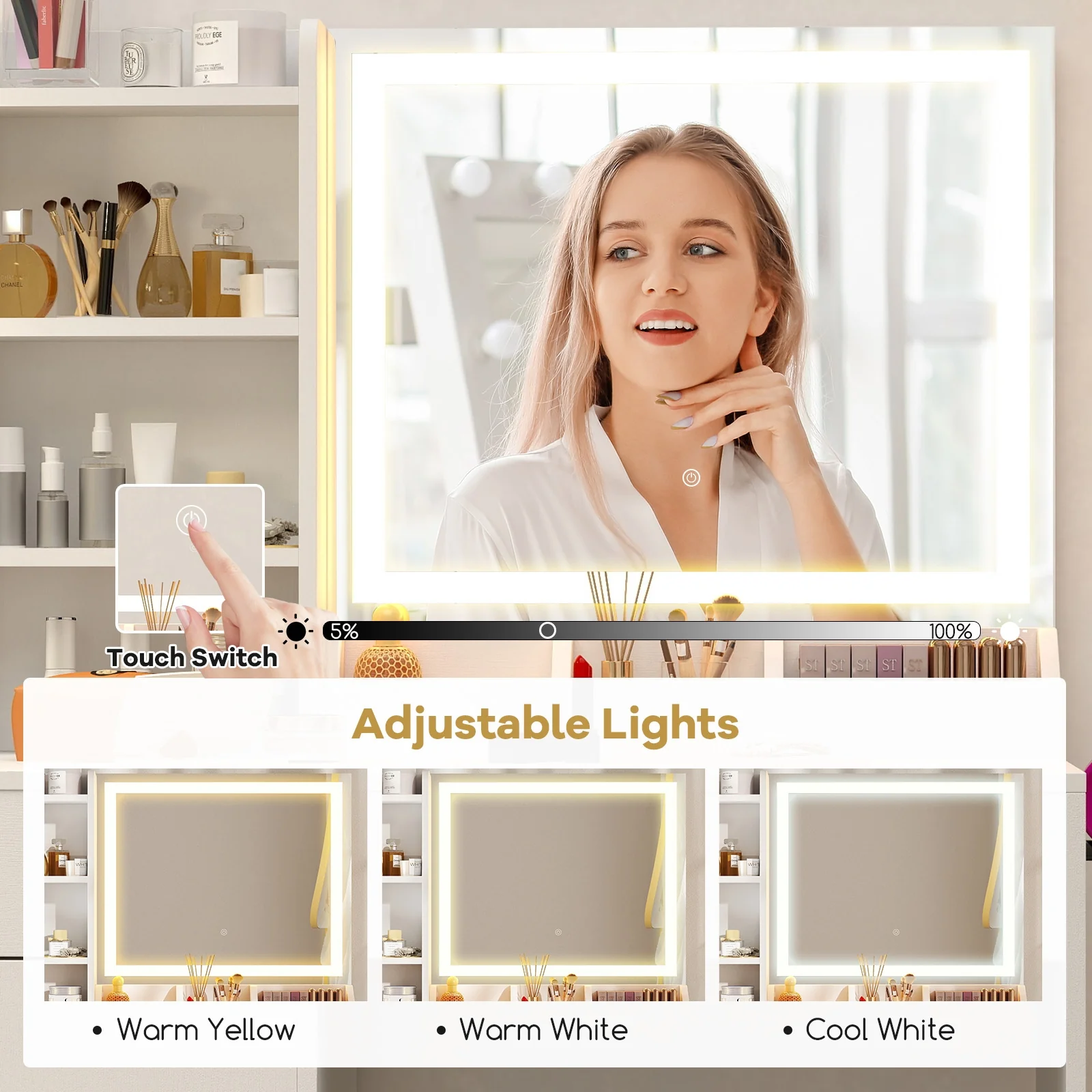 Vanity Dressing Table And Chair Set With Mirror And Lights, White - Image 7