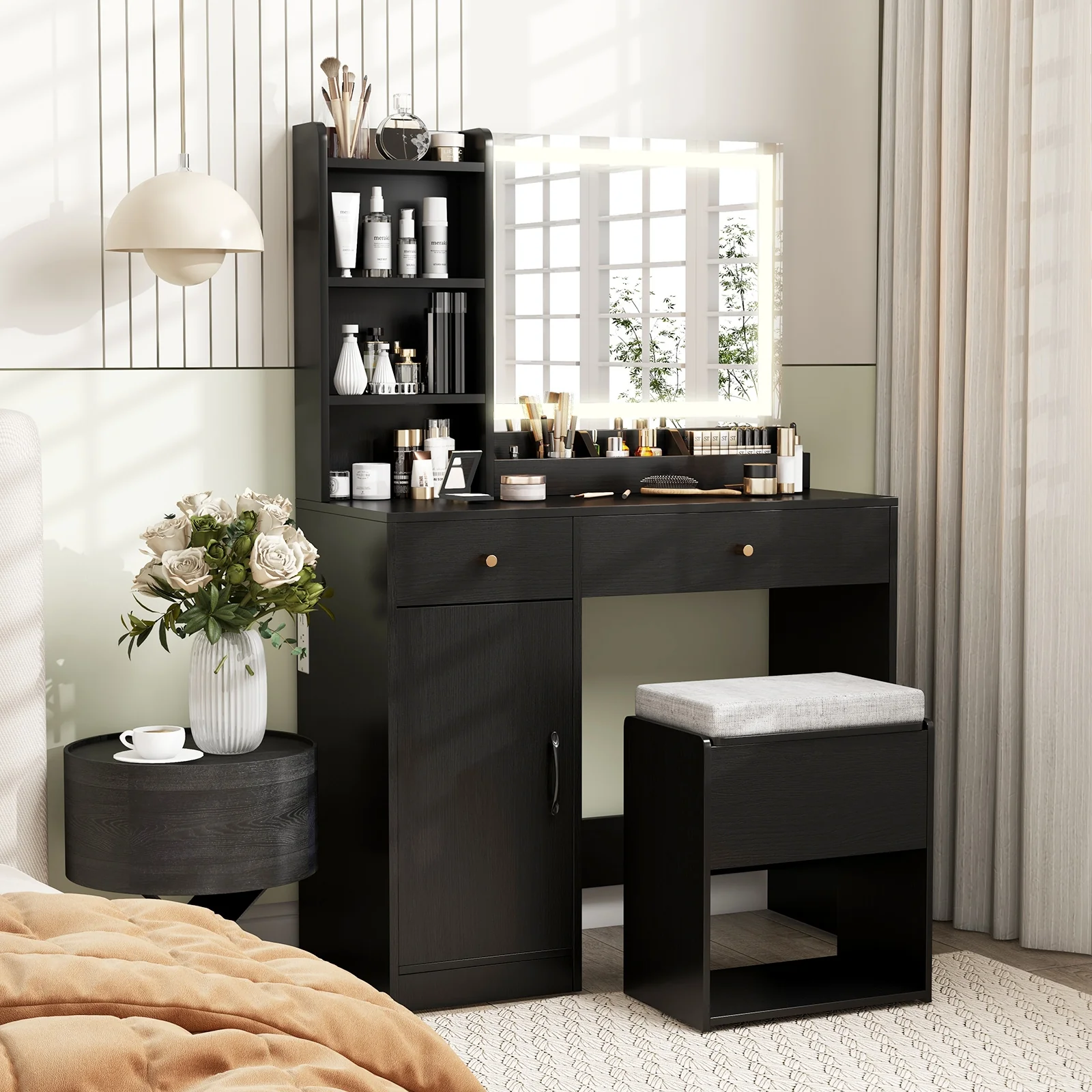 Vanity Dressing Table And Chair Set With Mirror, Lights, Black - Image 2