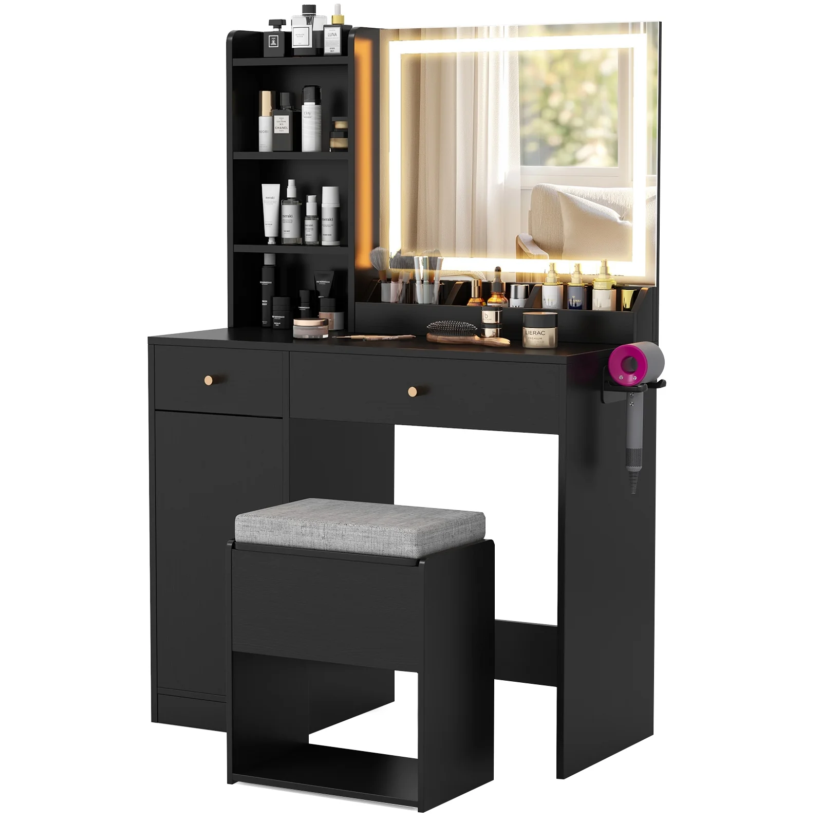 Vanity Dressing Table And Chair Set With Mirror, Lights, Black - Image 4