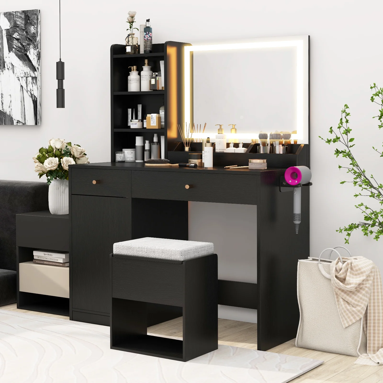 Vanity Dressing Table And Chair Set With Mirror, Lights, Black - Image 5