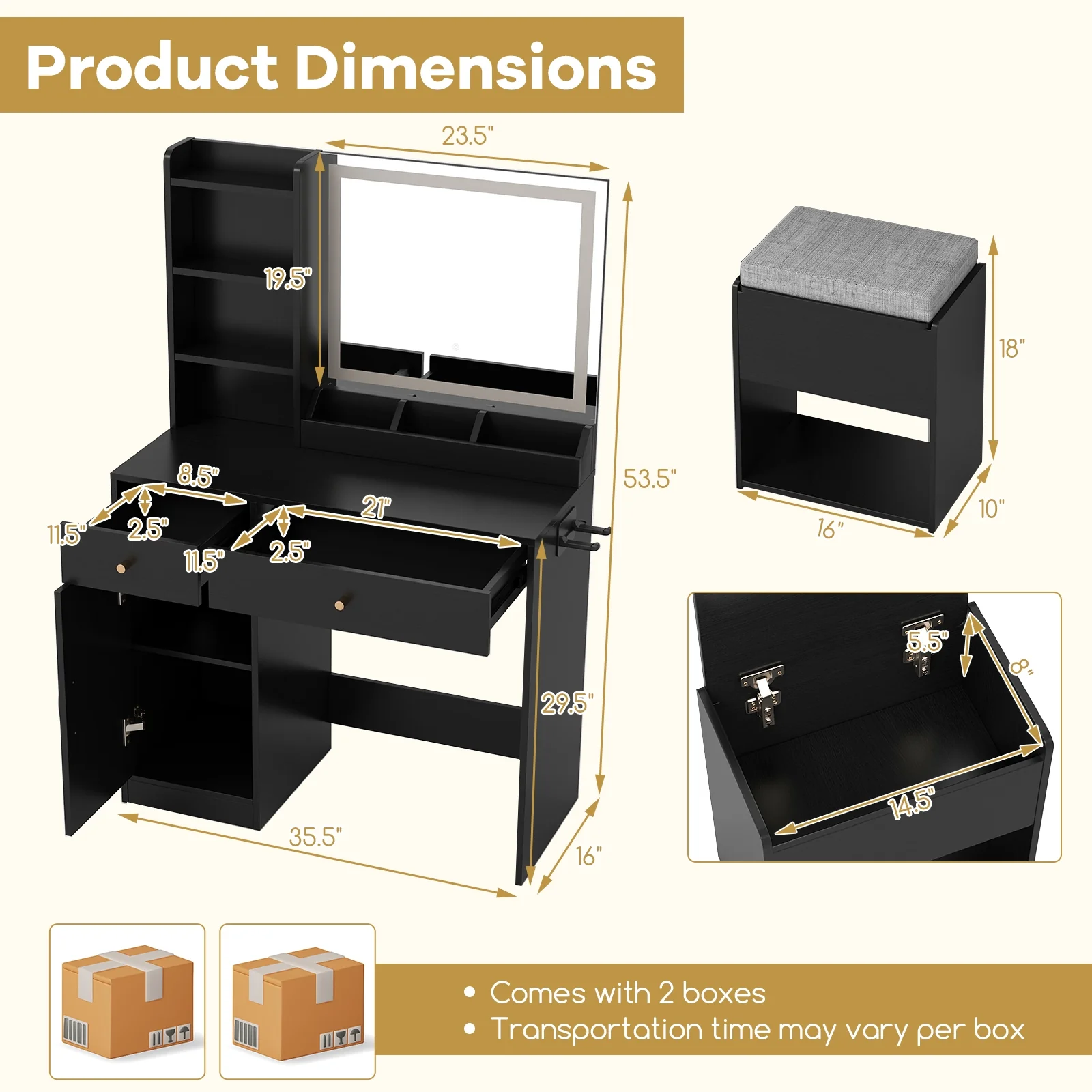 Vanity Dressing Table And Chair Set With Mirror, Lights, Black - Image 6