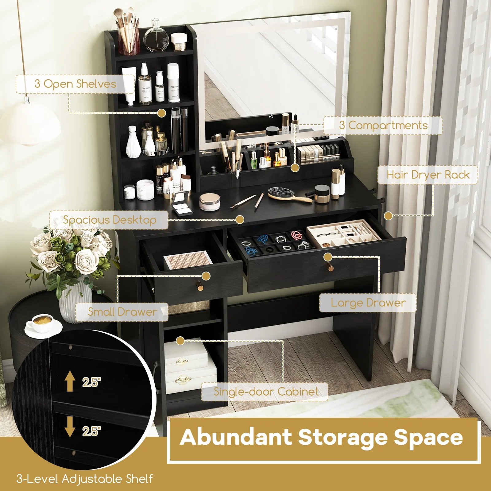 Vanity Dressing Table And Chair Set With Mirror, Lights, Black - Image 8