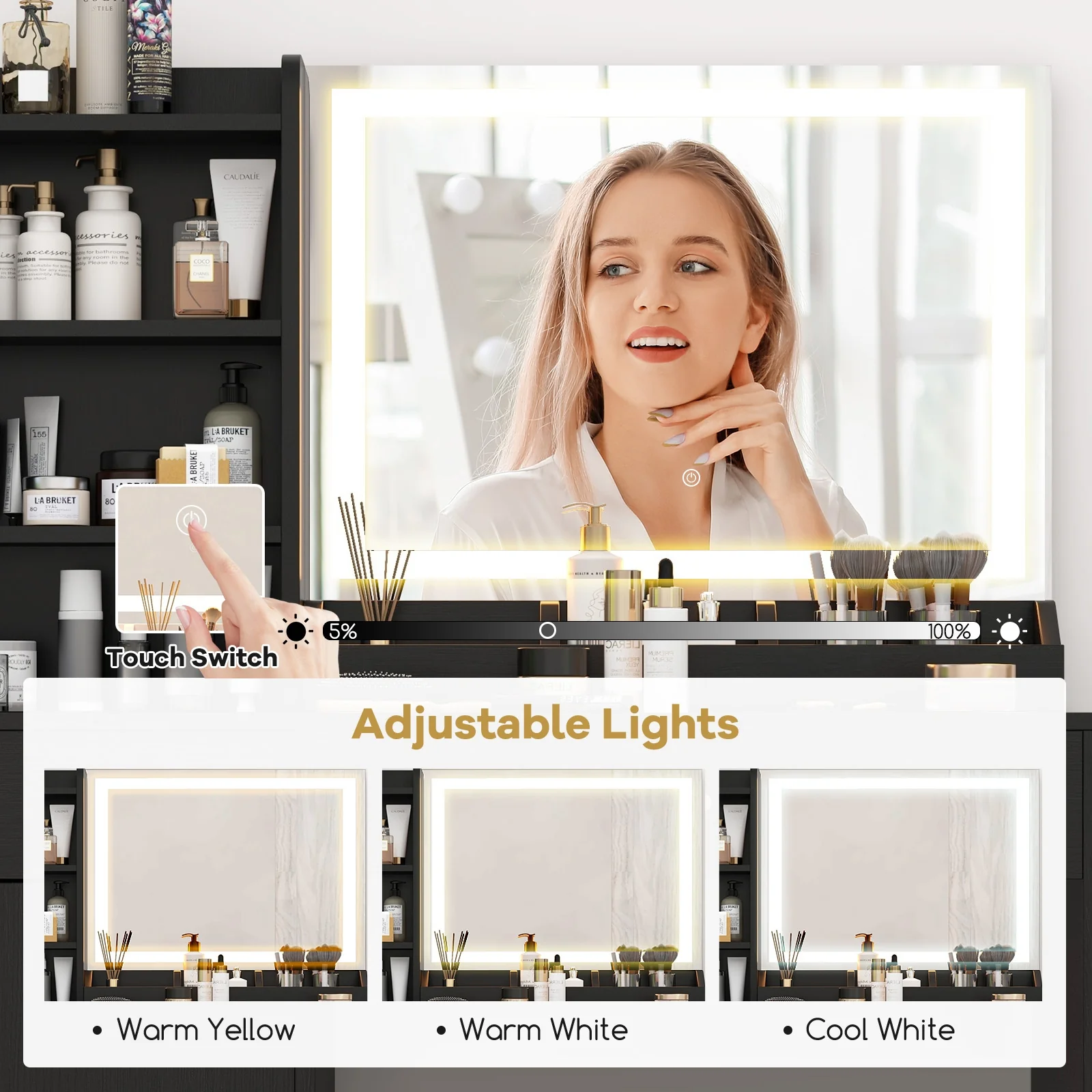 Vanity Dressing Table And Chair Set With Mirror, Lights, Black - Image 9