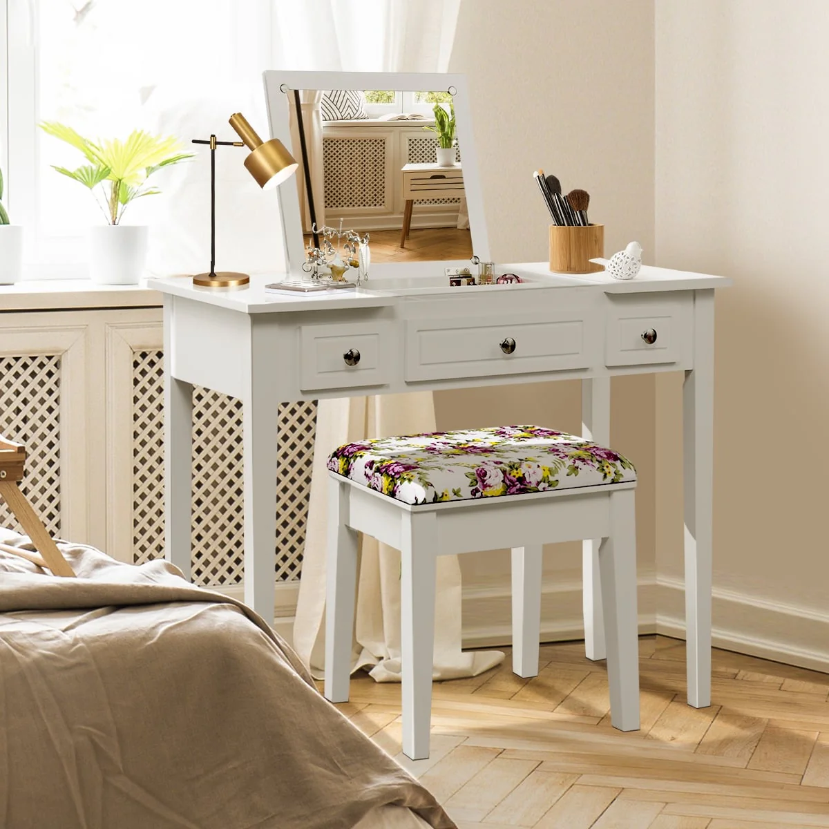 Vanity Dressing Table Set, Flip Top Mirror, 3 Drawers, White - Image 2