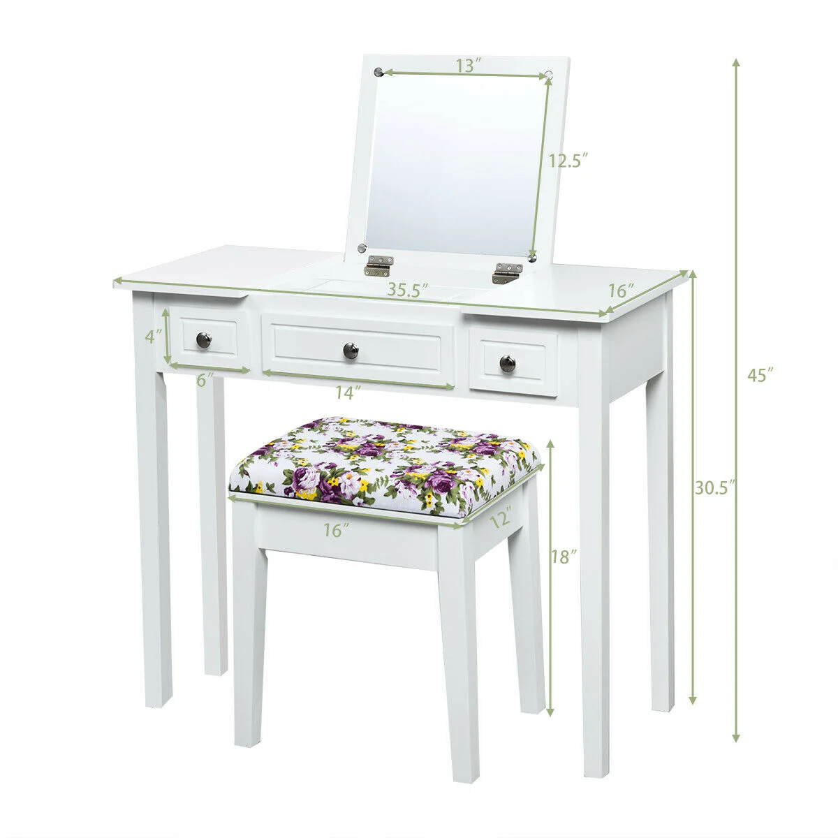 Vanity Dressing Table Set, Flip Top Mirror, 3 Drawers, White - Image 5