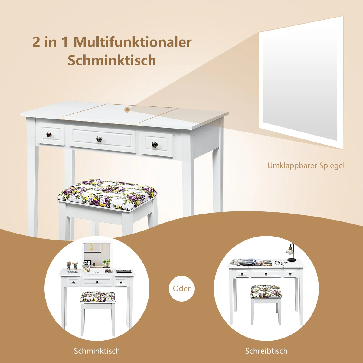 Vanity Dressing Table Set, Flip Top Mirror, 3 Drawers, White - Image 6