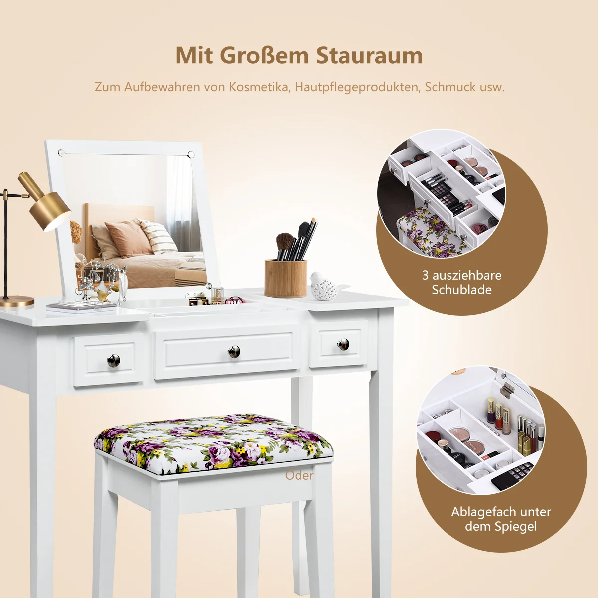 Vanity Dressing Table Set, Flip Top Mirror, 3 Drawers, White - Image 9