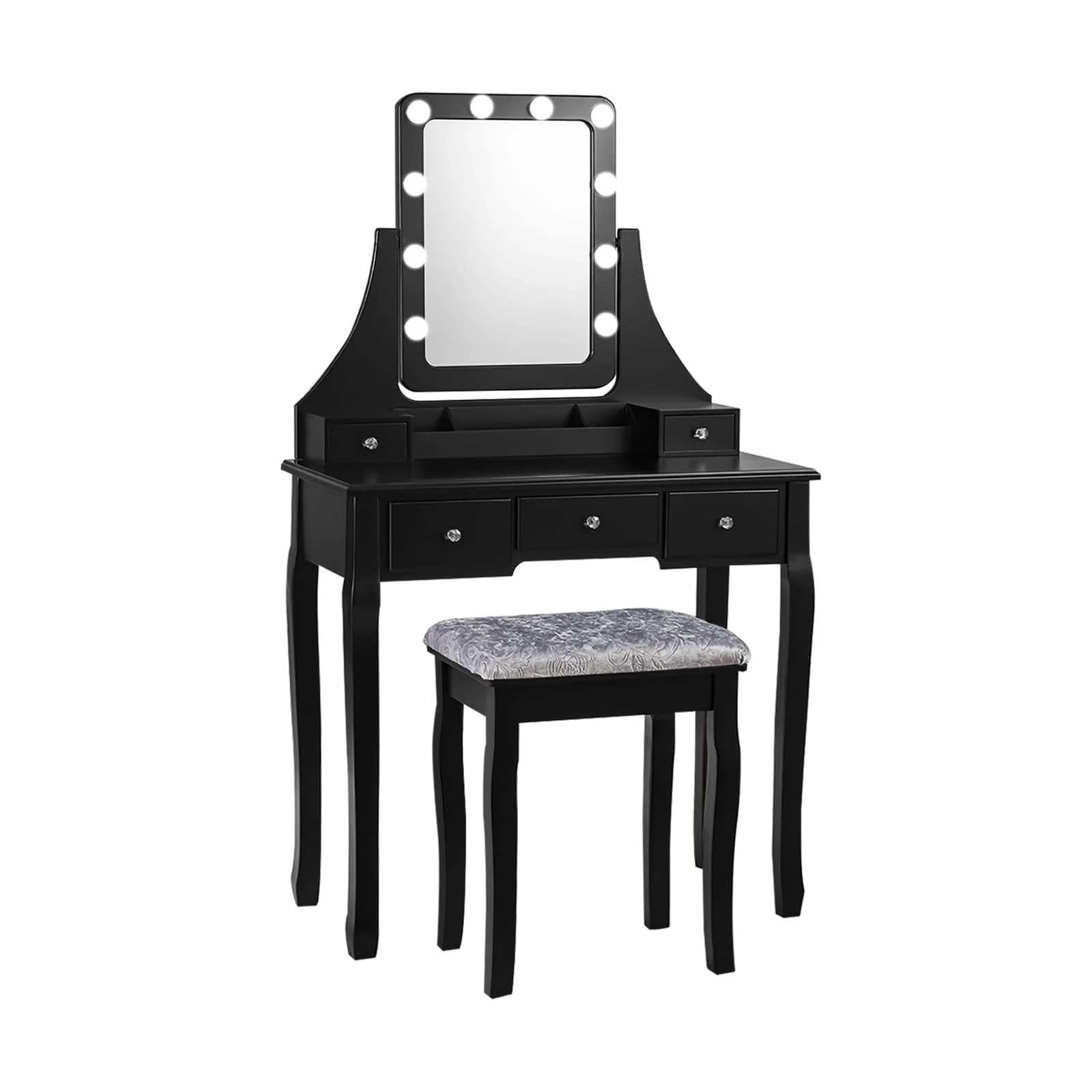 Vanity Dressing Table Set with 10 Dimmable Bulbs and Cushioned Stool, Black