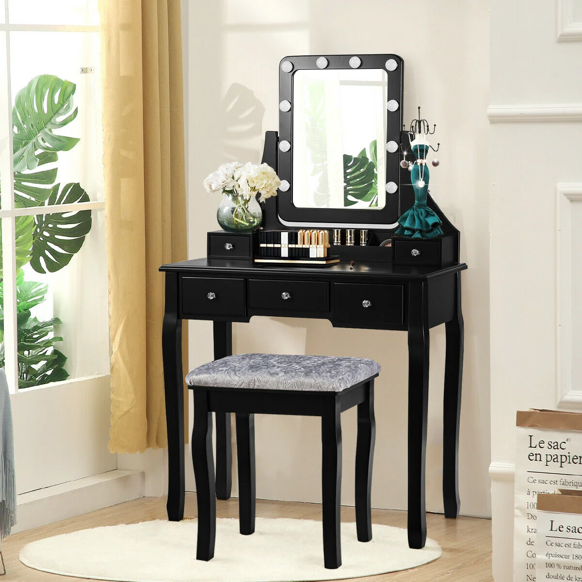 Vanity Dressing Table Set with 10 Dimmable Bulbs and Cushioned Stool, Black - Image 2