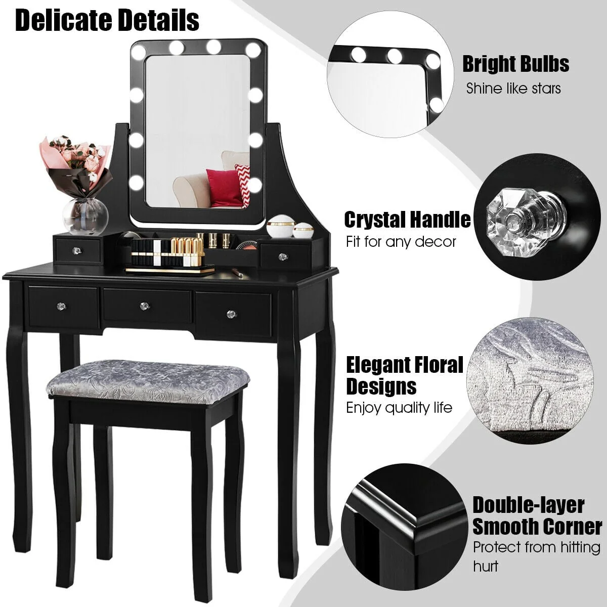 Vanity Dressing Table Set with 10 Dimmable Bulbs and Cushioned Stool, Black - Image 3