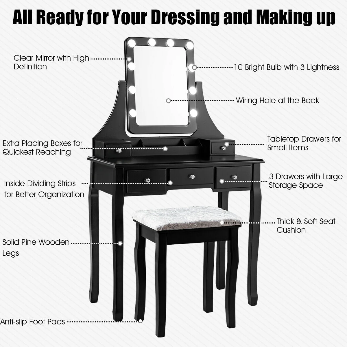 Vanity Dressing Table Set with 10 Dimmable Bulbs and Cushioned Stool, Black - Image 6