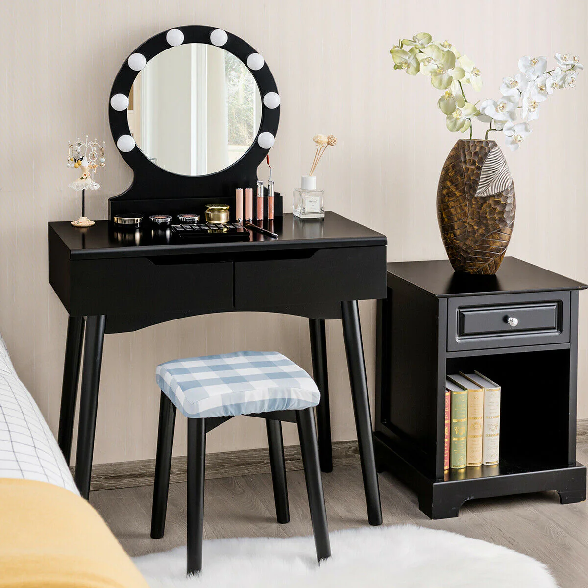 Vanity Makeup Dressing Set Lighted Mirror Touch Switch, Black - Image 2