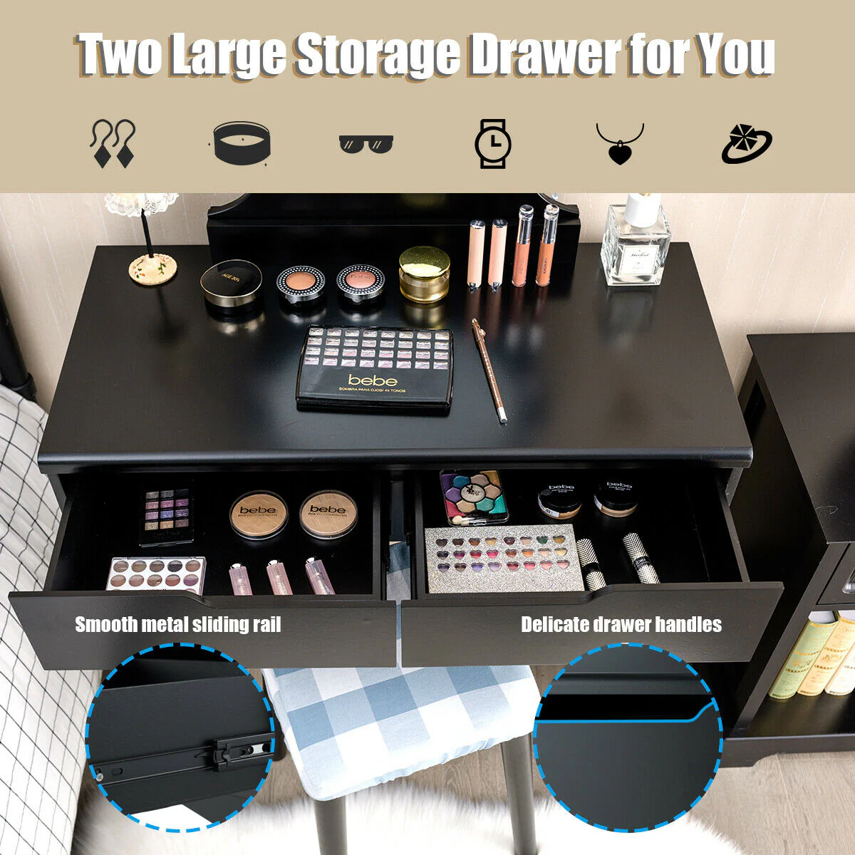Vanity Makeup Dressing Set Lighted Mirror Touch Switch, Black - Image 8